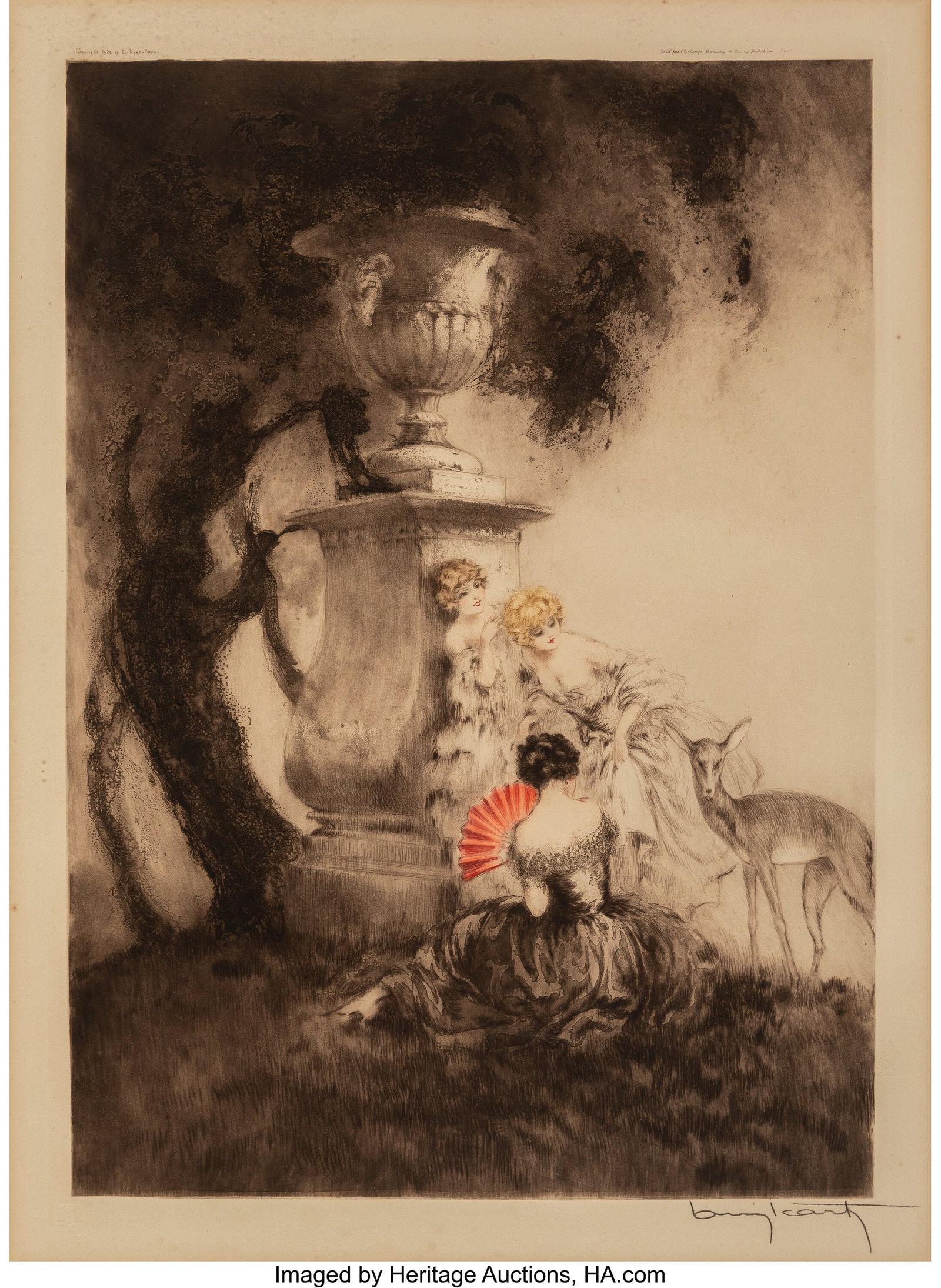 Louis Icart (French, 1888-1950) Four Dears, 1929: Louis Icart (French, 1888-1950) Four Dears, 1929 Etching with handcoloring on wove paper 24 x 17-1/4 inches (61.0 x 43.8 cm) (sight) Signed 