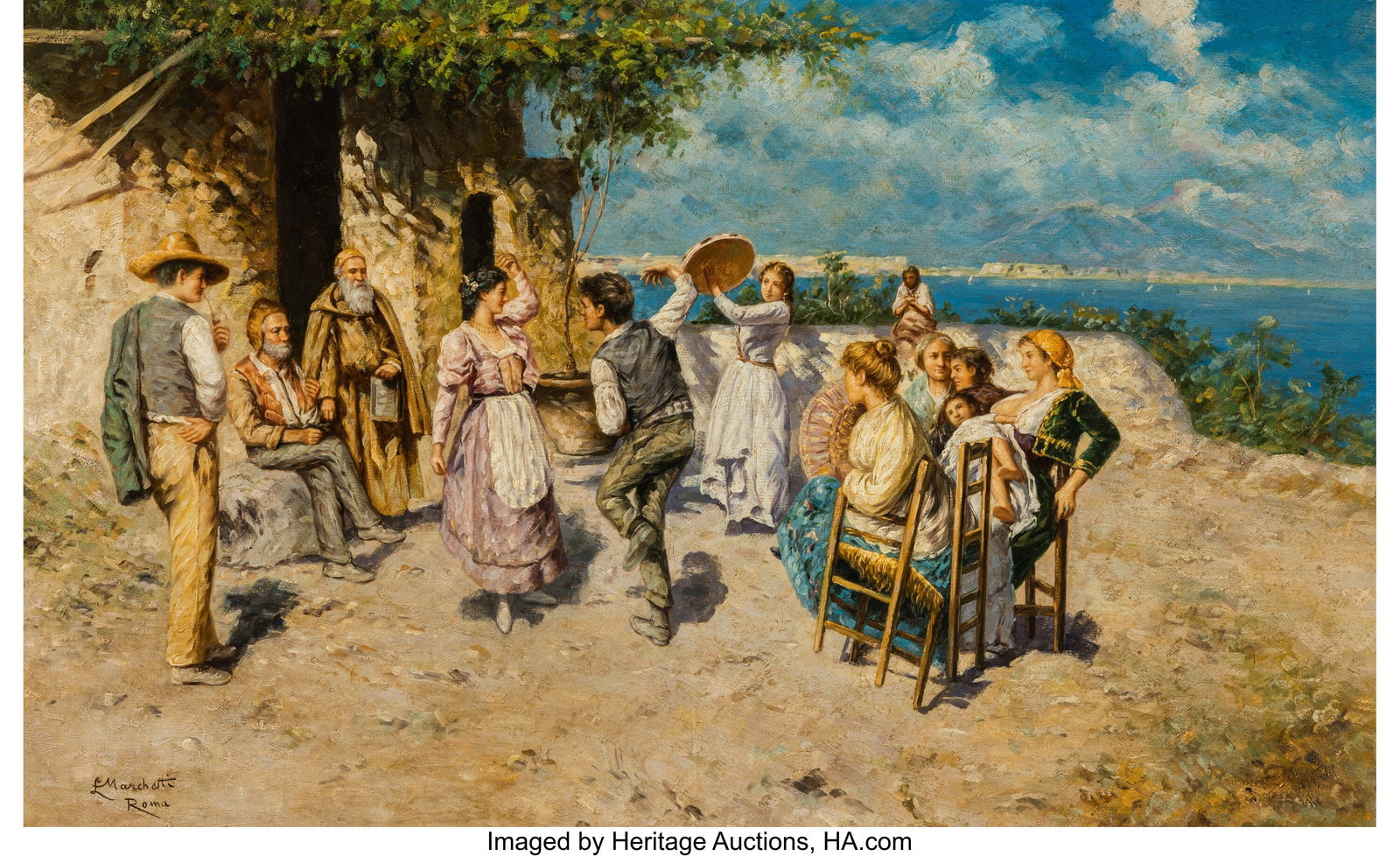 Ludovico Marchetti (Italian, 1853-1909) Folk dan: Ludovico Marchetti (Italian, 1853-1909) Folk dance Oil on panel 18-1/2 x 28-7/8 inches (47.0 x 73.3 cm) Signed and inscribed lower left: L Marchet