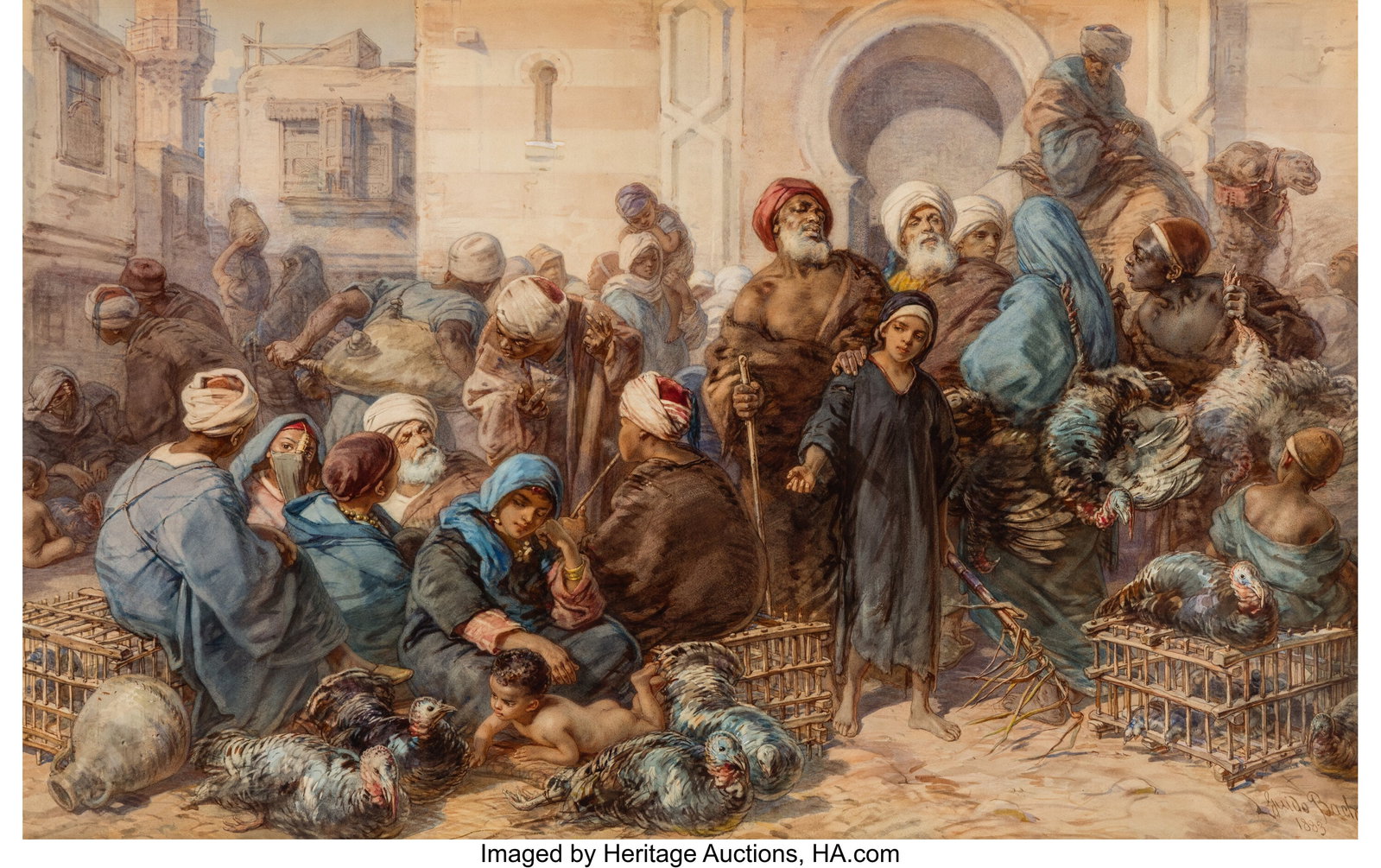 Guido Bach (German, 1828-1905) Poultry market, 1: Guido Bach (German, 1828-1905) Poultry market, 1883 Watercolor on paper laid on panel 27-1/8 x 43-1/8 inches (68.9 x 109.5 cm) Signed and dated lo