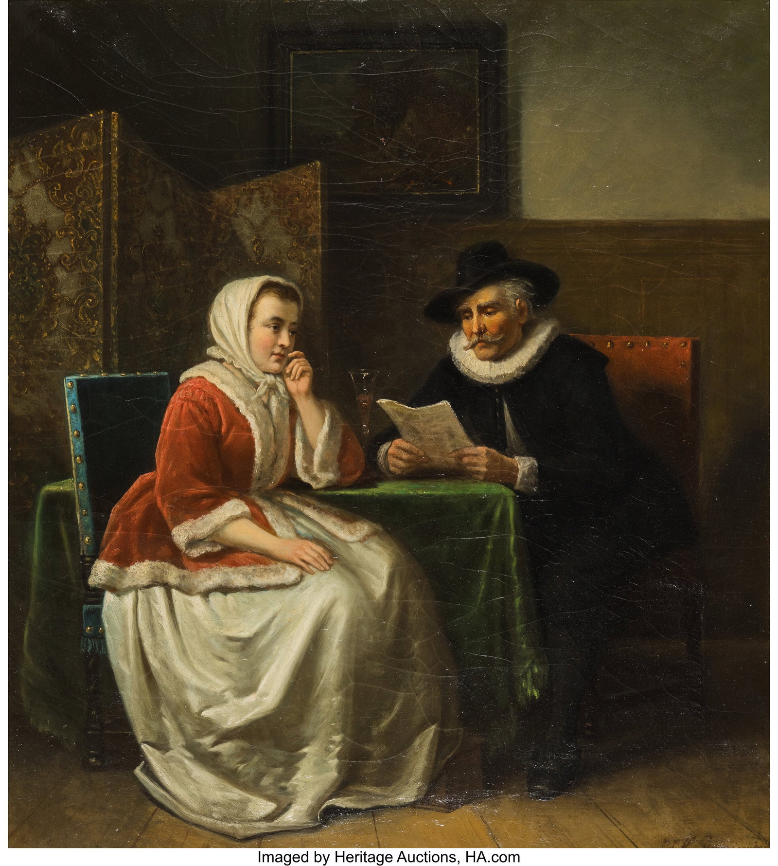 Jan Jacobus Matthijs Damschreuder (Dutch, 1828-1: Jan Jacobus Matthijs Damschreuder (Dutch, 1828-1905) The Conversation Oil on canvas 24 x 21-1/2 inches (61.0 x 54.6 cm) Signed lower right: J.J