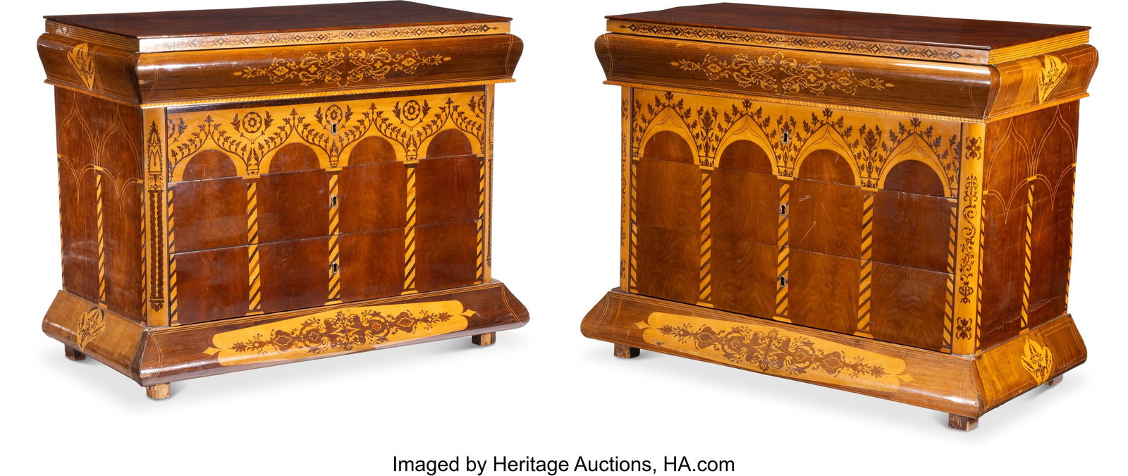 A Pair of French Marquetry Inlaid Commodes, 1820: A Pair of French Marquetry Inlaid Commodes, 1820-1830 38-1/2 x 47-1/2 x 24-1/2 inches (97.8 x 120.7 x 62.2 cm) (each) PROVENANCE: Denni