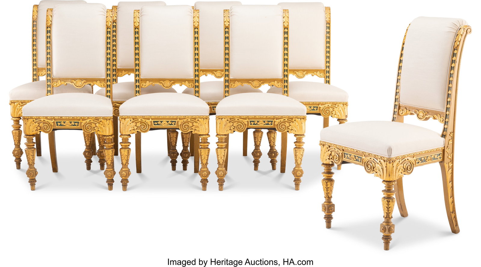 A Set of Eight Italian Carved Giltwood and Paint: A Set of Eight Italian Carved Giltwood and Painted Chairs in the Manner of Pelagio Pelagi, circa 1835 40-3/4 x 20 x 21 inches (103.5 x 50.8 x 53.3 cm) (ea
