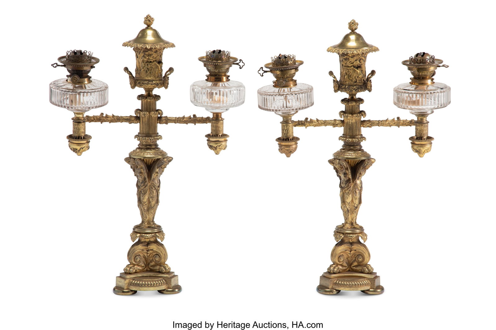 A Pair of William IV Gilt-Lacquered Brass Two-Br: A Pair of William IV Gilt-Lacquered Brass Two-Branch Oil Lamps Attributed to Thomas Messenger and Sons, circa 1830 Marks to fitting: HINKS AND SONS, PATENT 31-3/8 x 20 x 13-1&sol