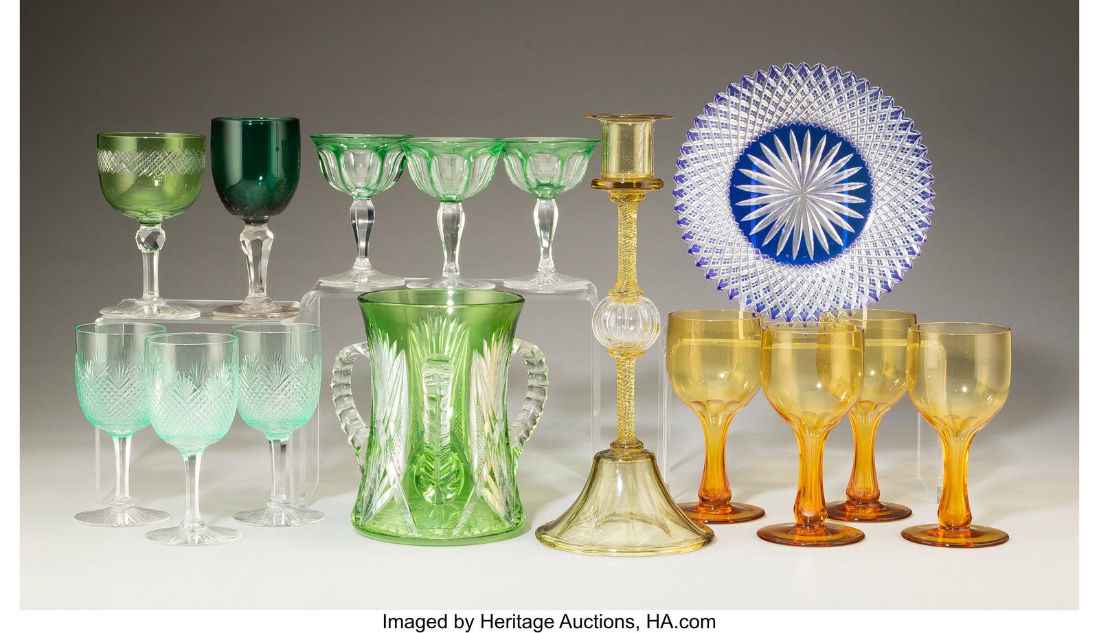 Fifteen Green and Yellow Cut Glass Table Article (1 of 2)