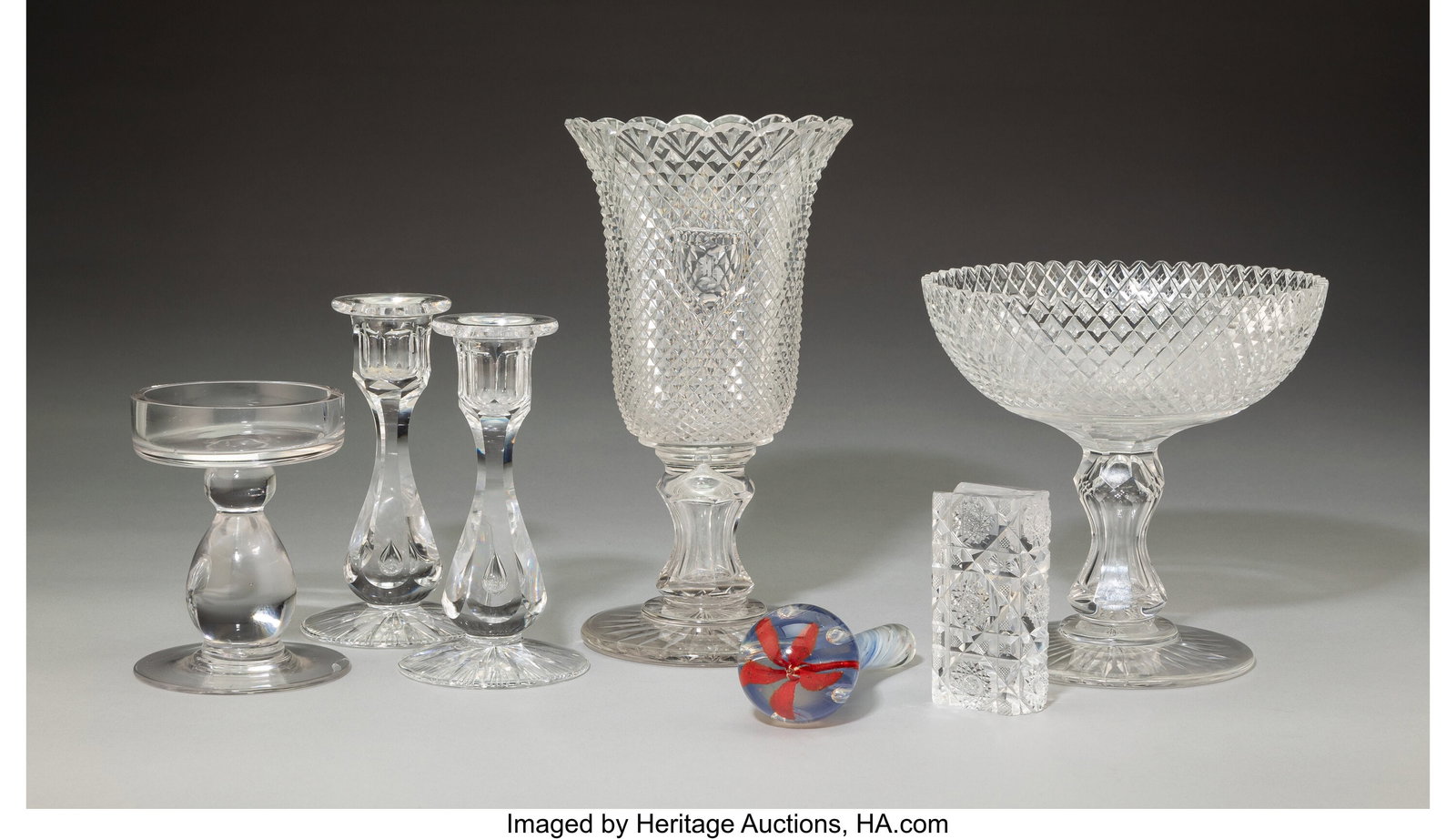 A Group of Seven Continental Cut Glass Table Art: A Group of Seven Continental Cut Glass Table Articles, 20th century 9-1/2 x 5-1/8 x 5-1/8 inches (24.1 x 13.0 x 13.0 cm) Monogram to vase: H The 