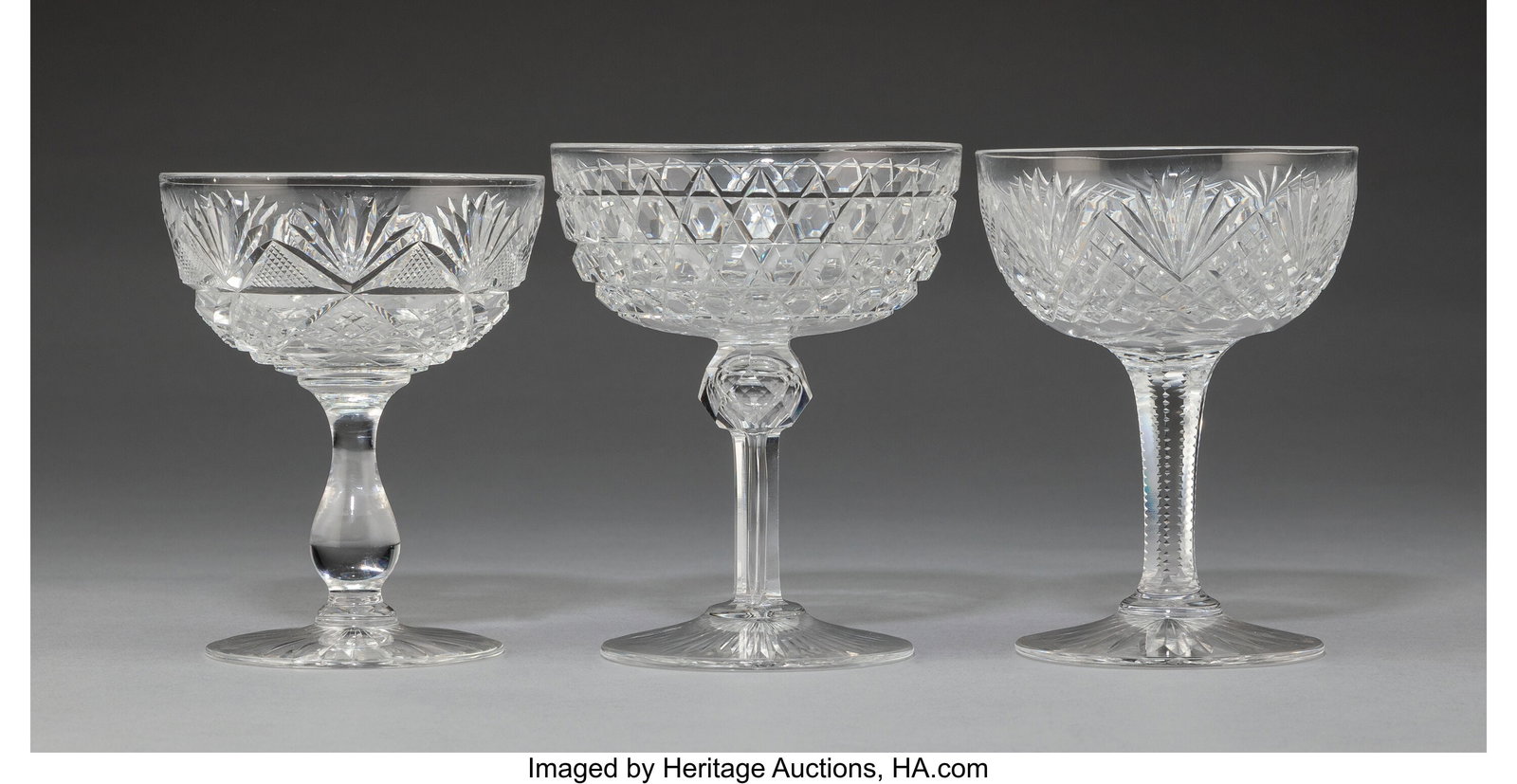 A Group of Thirteen Continental Cut Glass Coupes: A Group of Thirteen Continental Cut Glass Coupes, 20th century 4-1/2 x 3-3/4 inches (11.4 x 9.5 cm) (tallest) HID03101062020 © 2026 Heritage Auctio