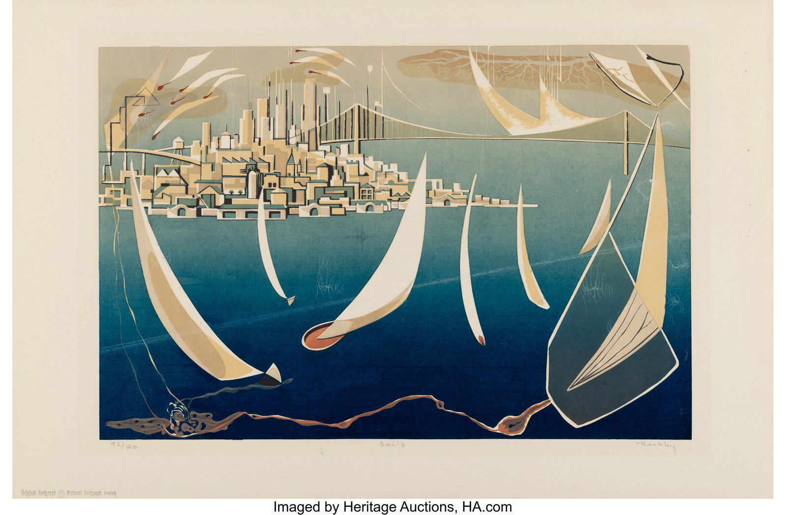 Mildred Rackley (American, 1906-1992) Sails Scre: Mildred Rackley (American, 1906-1992) Sails Screenprint in colors on wove paper 13 x 20 inches (33.0 x 50.8 cm) Ed. 92/140 Signed, editioned&co