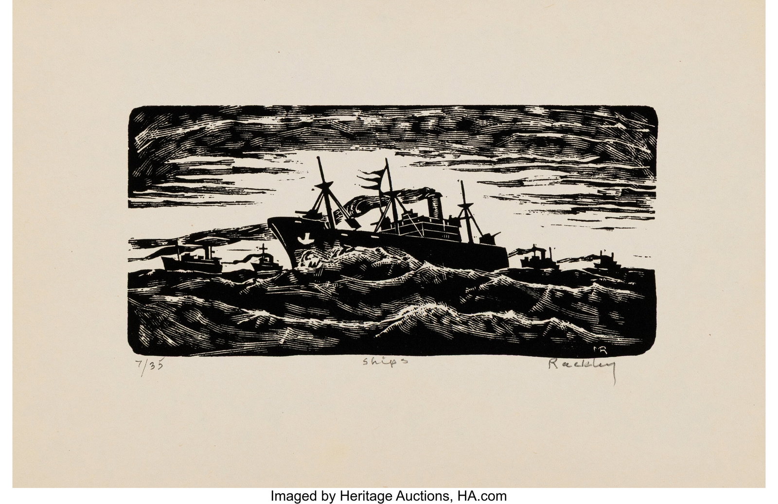 Mildred Rackley (American, 1906-1992) Ships Scre: Mildred Rackley (American, 1906-1992) Ships Screenprint on paper 9 x 9-1/4 inches (22.9 x 23.5 cm) Ed. 7/35 Signed, editioned, and ti