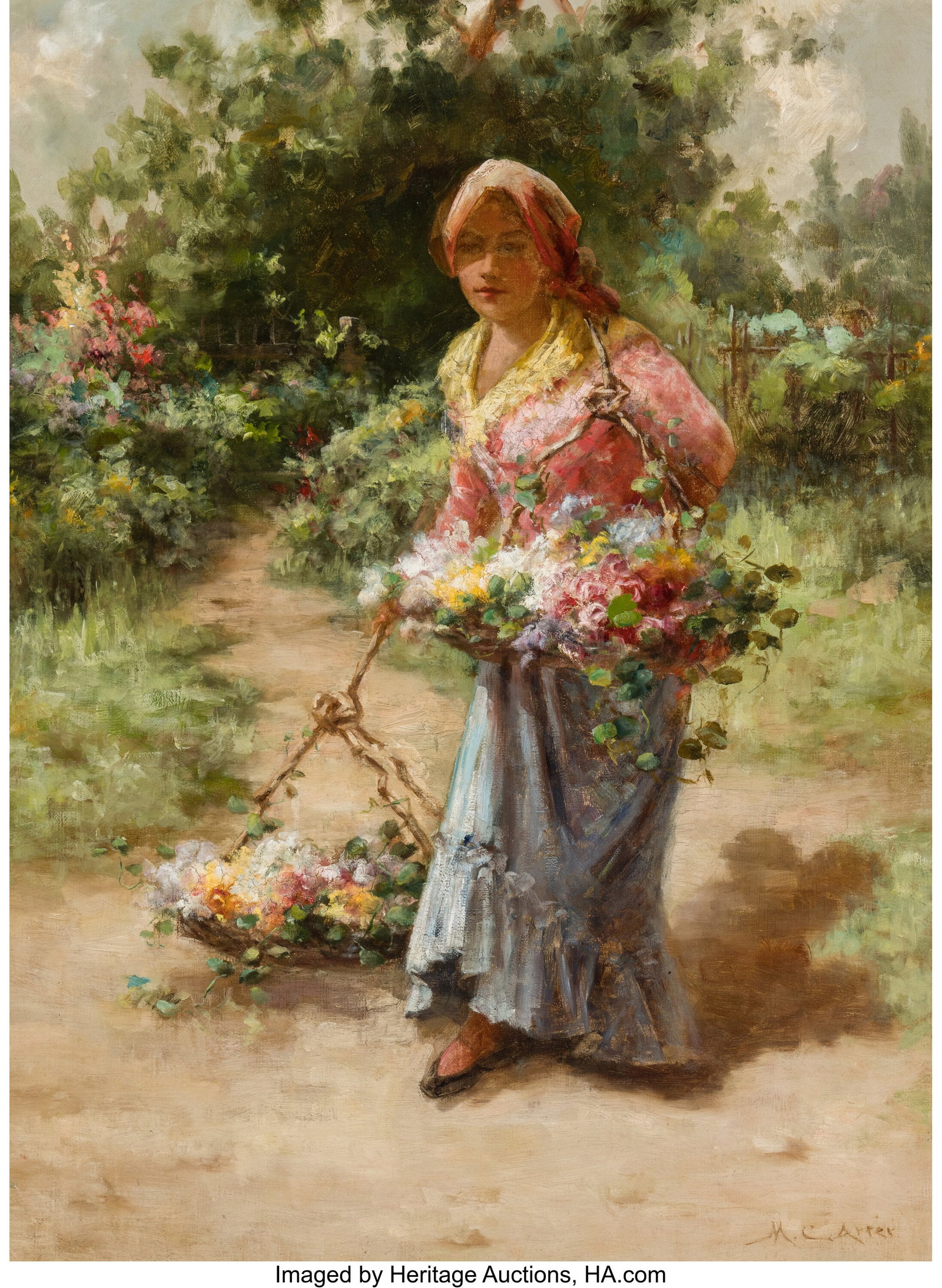 American School (19th Century) Flower girl Oil o: American School (19th Century) Flower girl Oil on canvas 30 x 22 inches (76.2 x 55.9 cm) Signed lower right: M.C. Arter PROVENANCE: Neal Auc