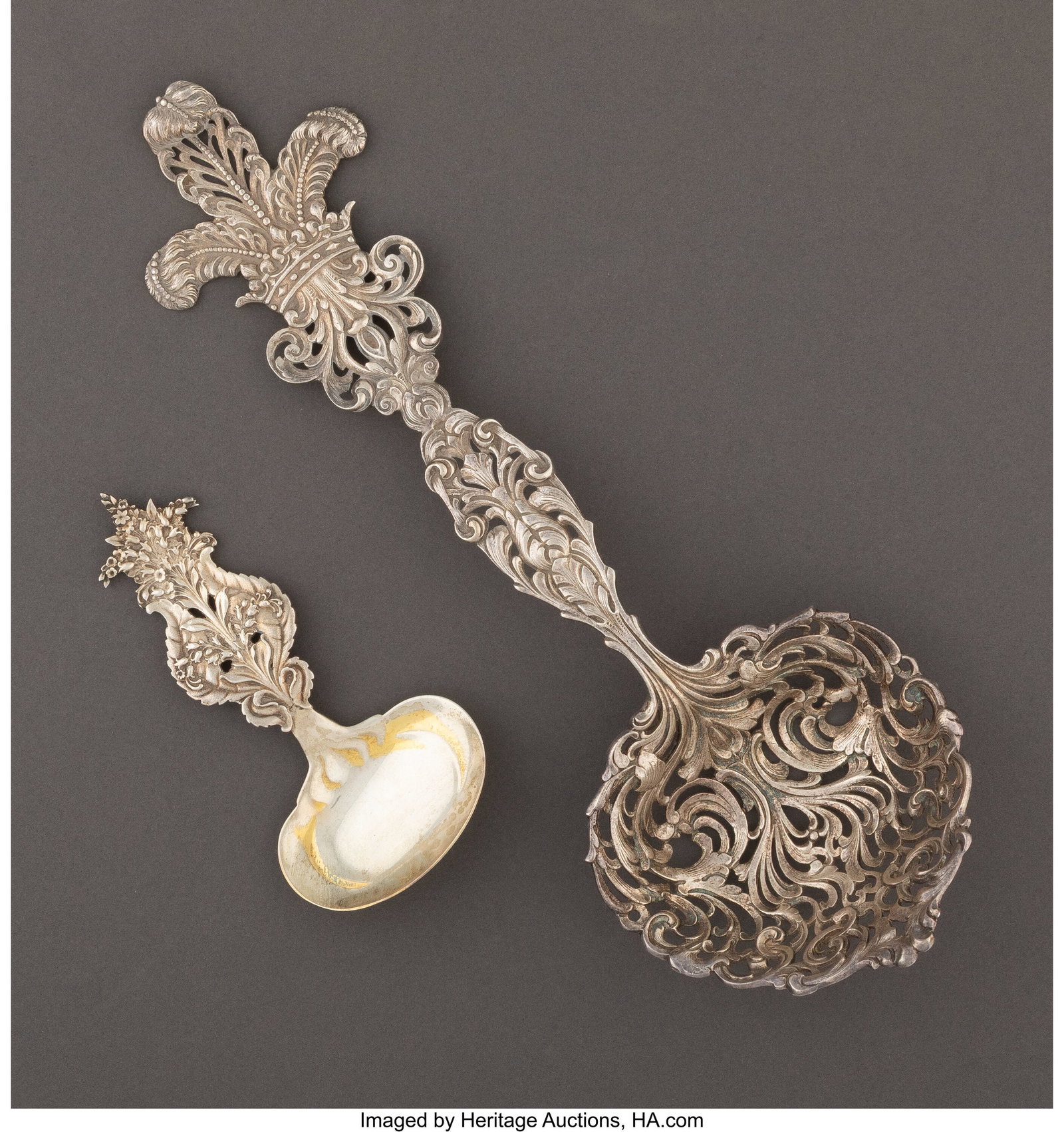 Two Tiffany & Co. Partial Gilt Silver Bon Bon Sp: Two Tiffany & Co. Partial Gilt Silver Bon Bon Spoons, late 19th century Marks: TIFFANY & CO, STERLING 12 x 4 x 2 inches (30.5 x 10.2 x 5.1 cm