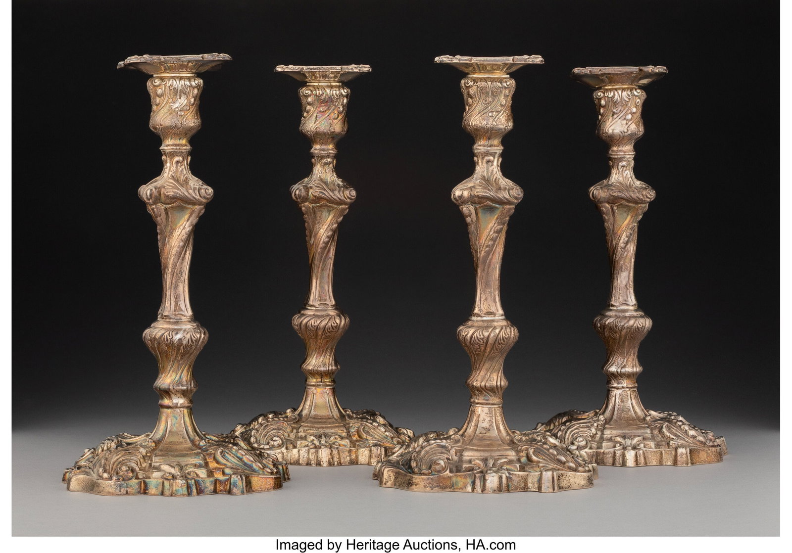 A Set of Four Dominick & Haff Weighted Silver Ca: A Set of Four Dominick & Haff Weighted Silver Candlesticks, New York, 1898 Marks: (maker's mark), 284A, STERLING, CEMENT FILLED 10-1/2 x 5-1/4