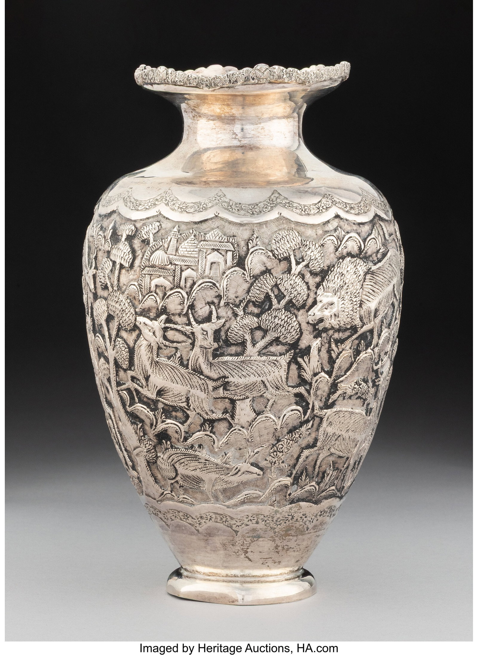 A Burmese Silver Vase, late 19th/early 20th cent: A Burmese Silver Vase, late 19th/early 20th century Marks: (undeciphered) 8-1/4 x 5-1/4 inches (21.0 x 13.3 cm) 518 grams (16.66 t