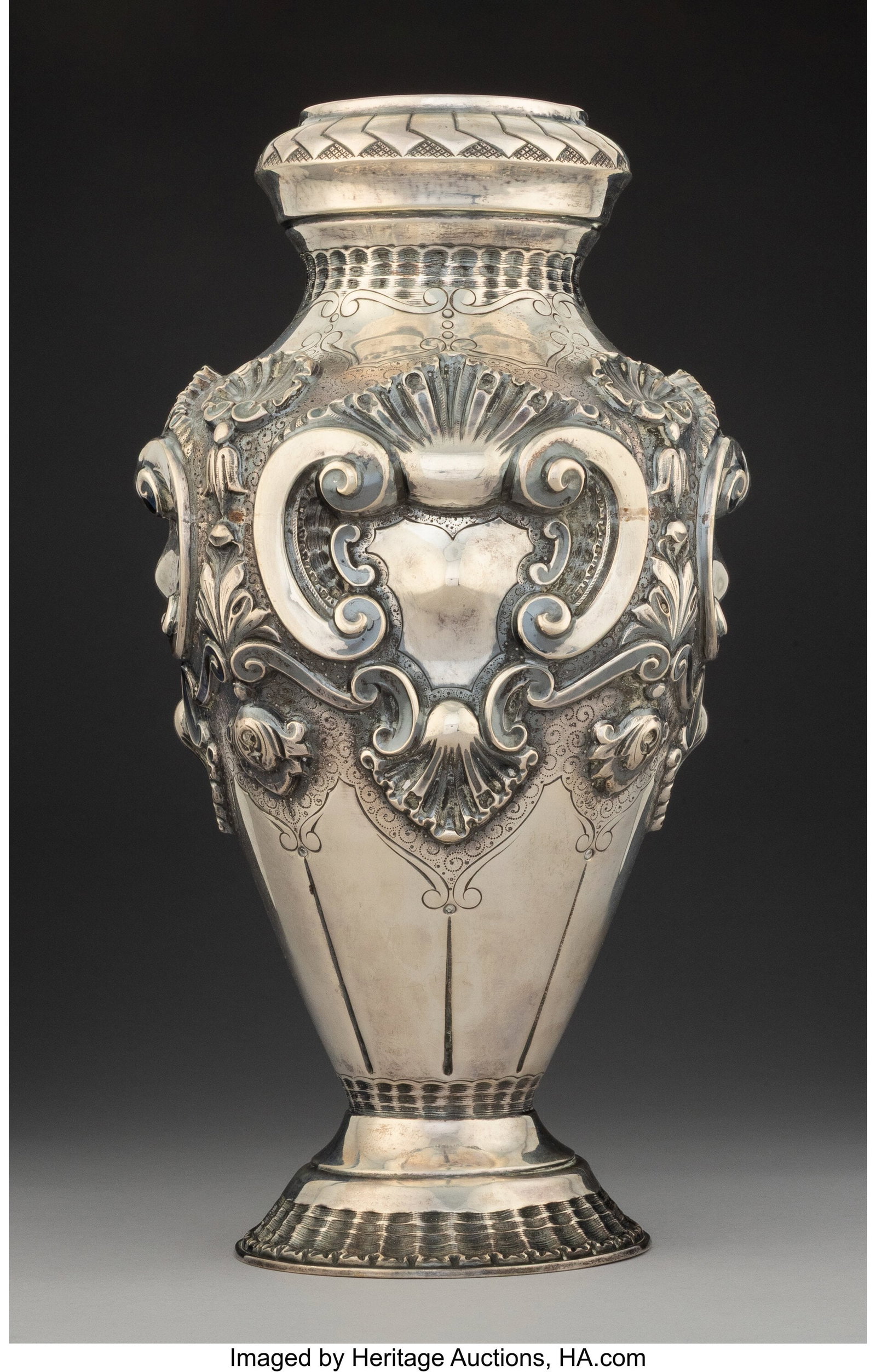 A Portuguese Silver Vase, 20th century Marks: (8: A Portuguese Silver Vase, 20th century Marks: (833-eagle), (maker's mark) 16 x 9-1/4 inches (40.6 x 23.5 cm) 1282 grams (41&perio