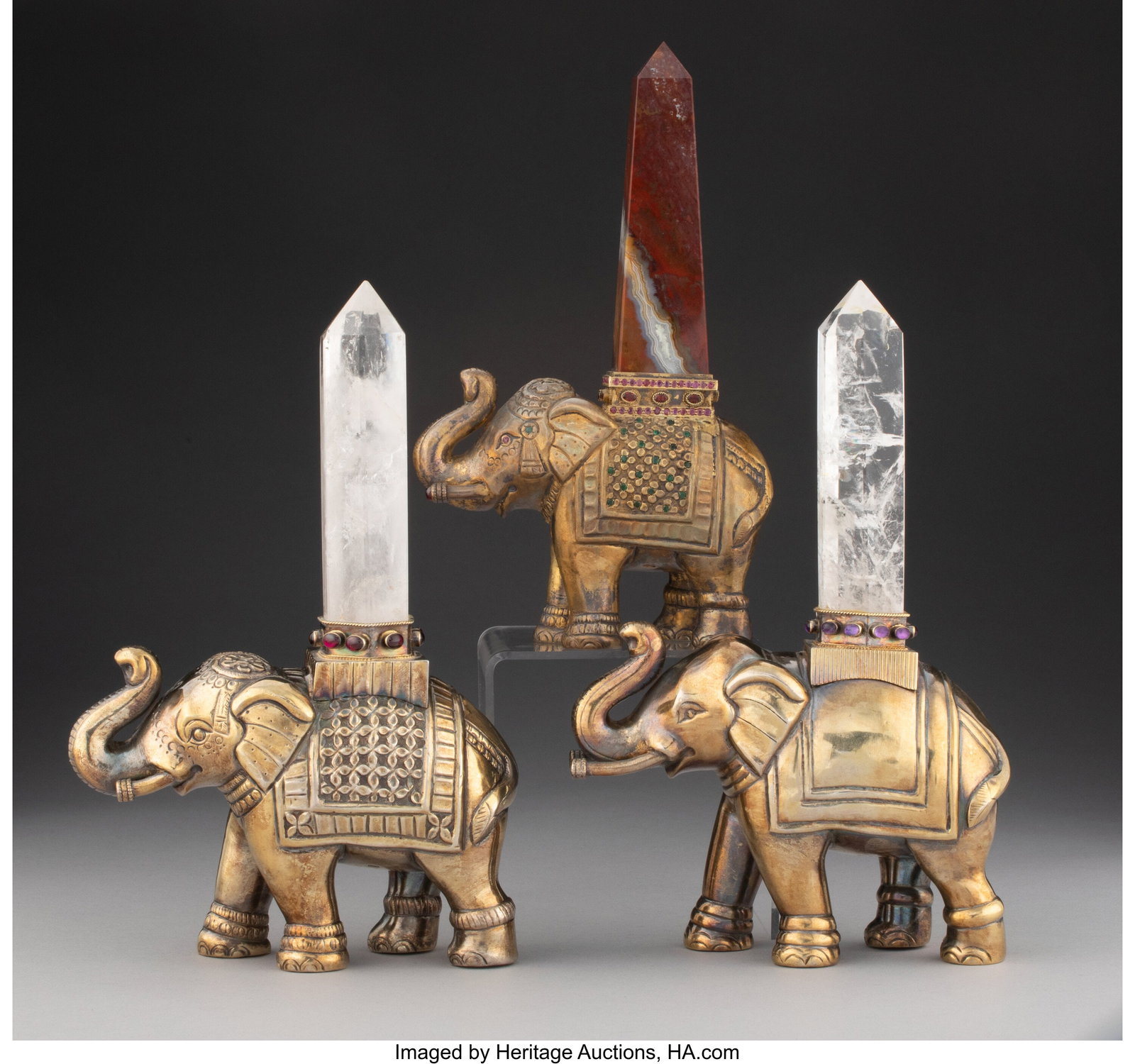 Three Gilt Silver and Hardstone Elephant-Form Ta (1 of 3)
