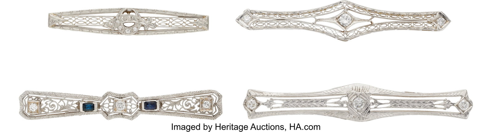 Art Deco Diamond, Sapphire, Platinum-Topped Gold: Art Deco Diamond, Sapphire, Platinum-Topped Gold, Gold Bar Brooches Stones: Single and transitional-cut diamonds weighing a total of approximately 0.75 carat; recta