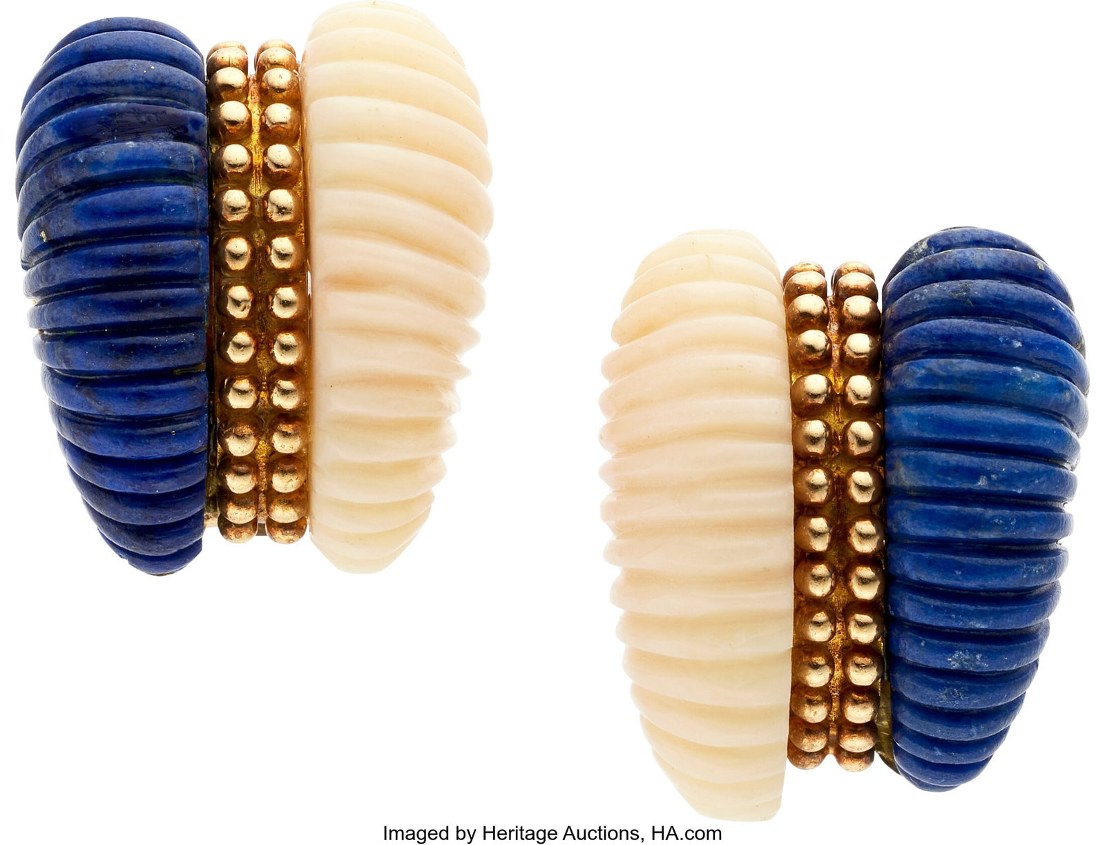 Coral, Lapis Lazuli, Gold Earrings Stones: Carv: Coral, Lapis Lazuli, Gold Earrings Stones: Carved coral and lapis lazuli Metal: 18k and 14k gold Gross Weight: 30.60 grams Dimensions: 7/8 inch x 3/4