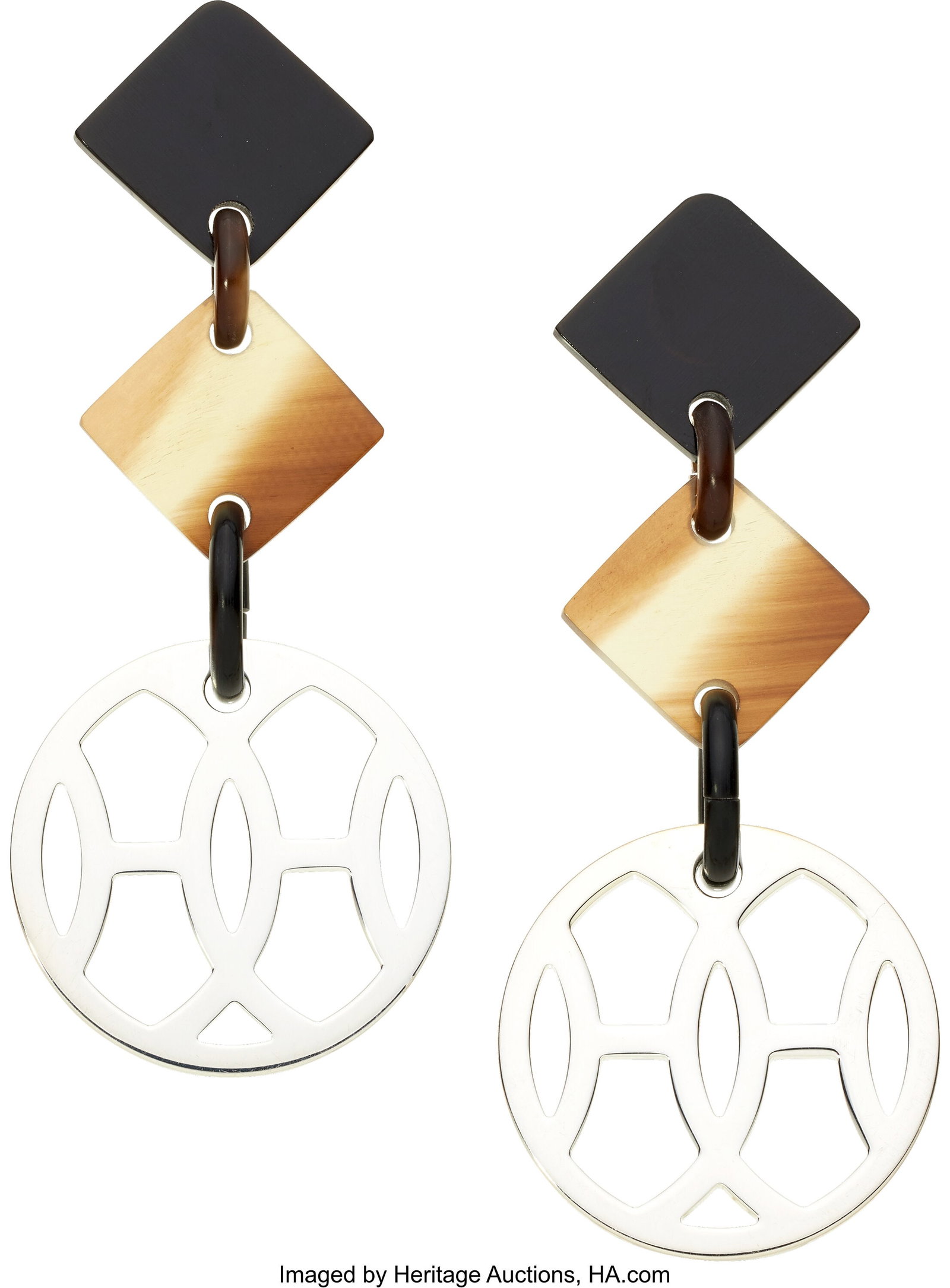 Hermès Horn, Sterling Silver, White Metal Earri: Hermès Horn, Sterling Silver, White Metal Earrings Element: Carved horn Metal: Sterling silver and white metal Marked: for Hermès Collection: Lift PM 
