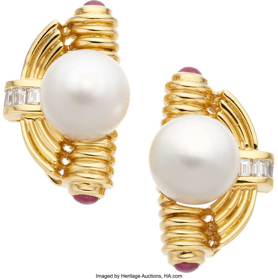 South Sea Cultured Pearl, Diamond, Ruby, Gold Ea (1 of 1)