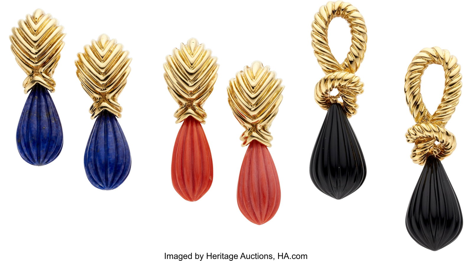 Coral, Lapis Lazuli, Black Onyx, Gold Earrings : Coral, Lapis Lazuli, Black Onyx, Gold Earrings Stones: Carved coral, lapis lazuli, and black onyx Metal: 18k and 14k gold Gross Weight: 46.10 gra