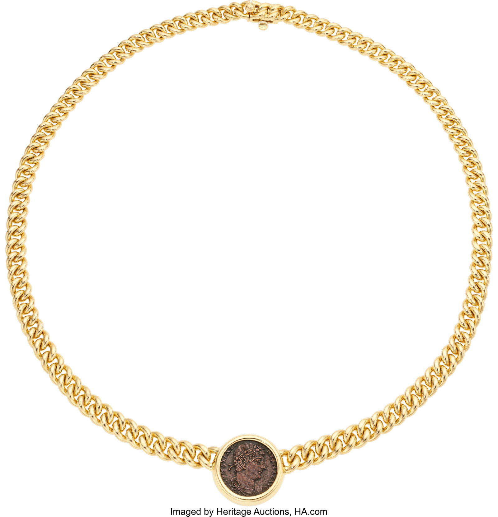 Bvlgari Ancient Coin, Gold Necklace Coin: Const: Bvlgari Ancient Coin, Gold Necklace Coin: Constantine BI Nummus Metal: 18k gold Marked: Bvlgari Gross Weight: 67.30 grams Dimensions: 16 inches x 3/4 inc