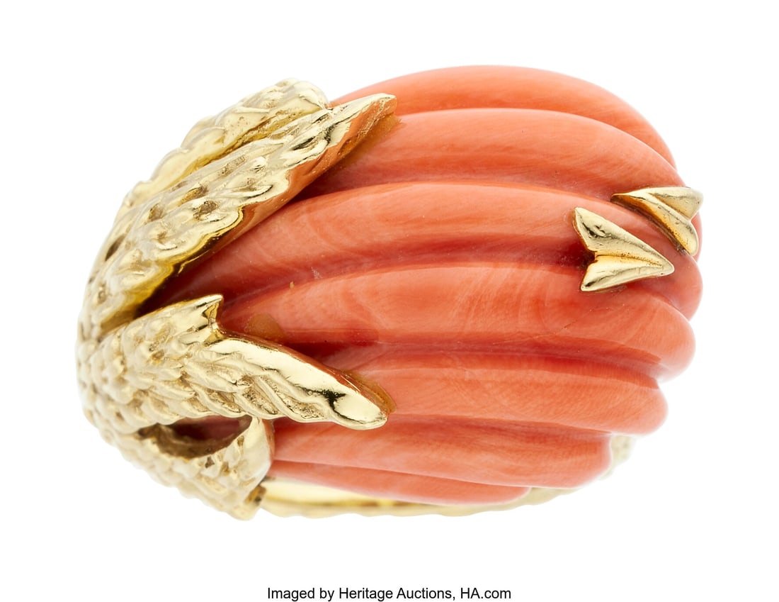 Coral, Gold Ring Stones: Carved coral Metal: 18: Coral, Gold Ring Stones: Carved coral Metal: 18k gold Gross Weight: 24.30 grams Size: 6 (sizeable) Estate of Joyce Daily Goodman, Houston, Te