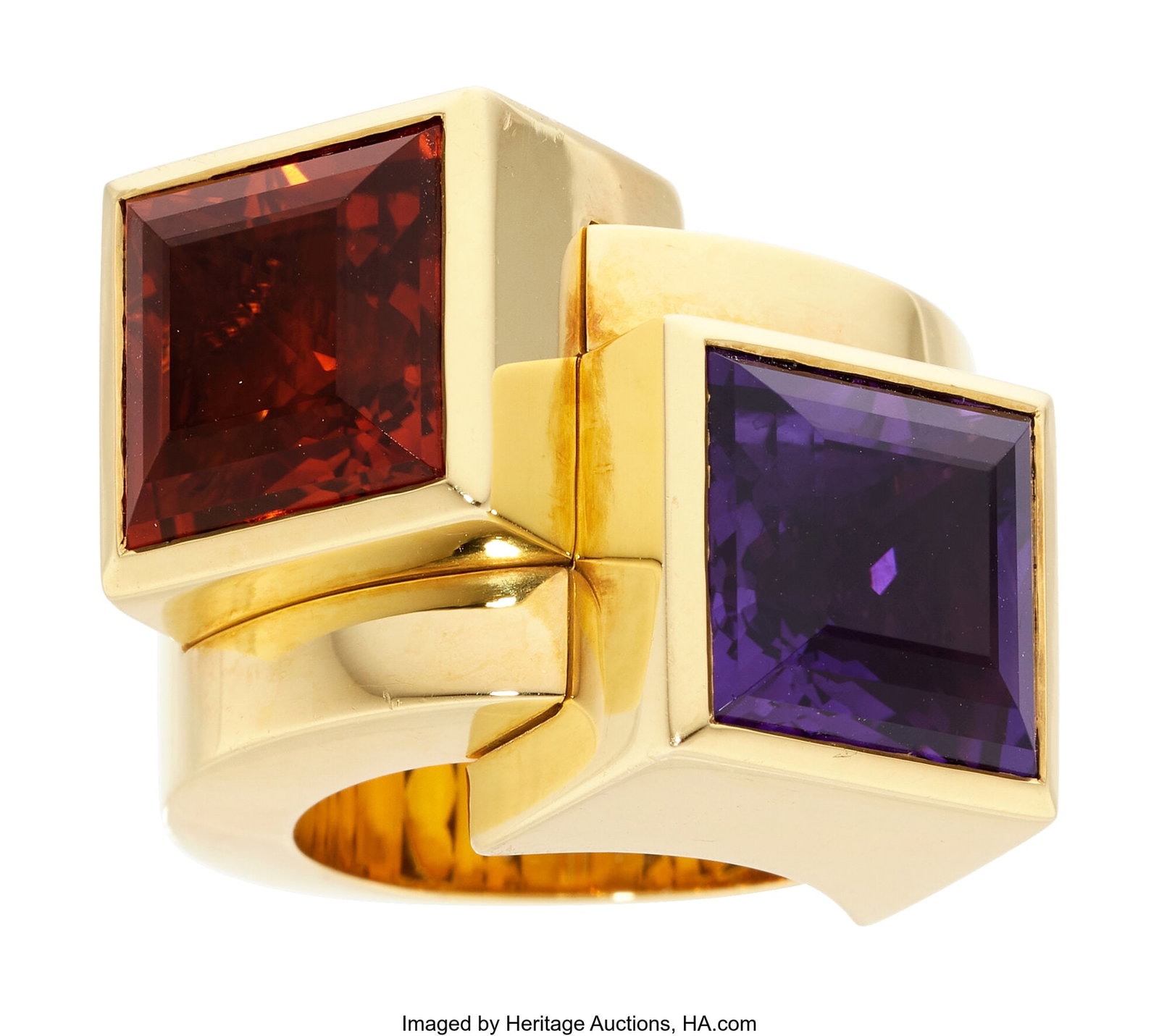 Pasquale Bruni Amethyst, Citrine, Gold Ring Sto: Pasquale Bruni Amethyst, Citrine, Gold Ring Stones: Square-shaped citrine and amethyst Metal: 18k gold Marked: for Pasquale Bruni Gross Weight: 51.40 grams S