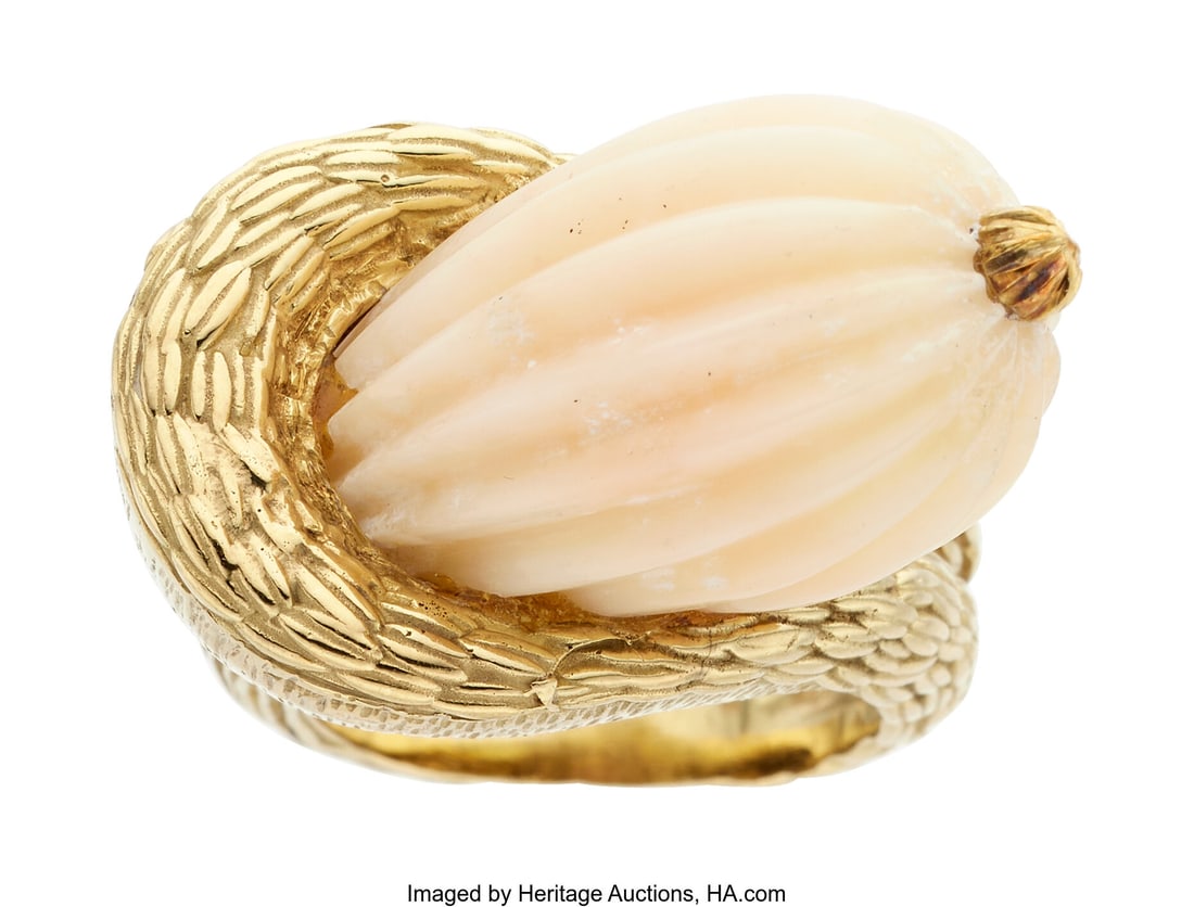 Coral, Gold Ring Stones: Carved coral Metal: 18: Coral, Gold Ring Stones: Carved coral Metal: 18k gold Gross Weight: 25.10 grams Size: 6-1/4 (*sizeable) Estate of Joyce Daily Goodman, Hous