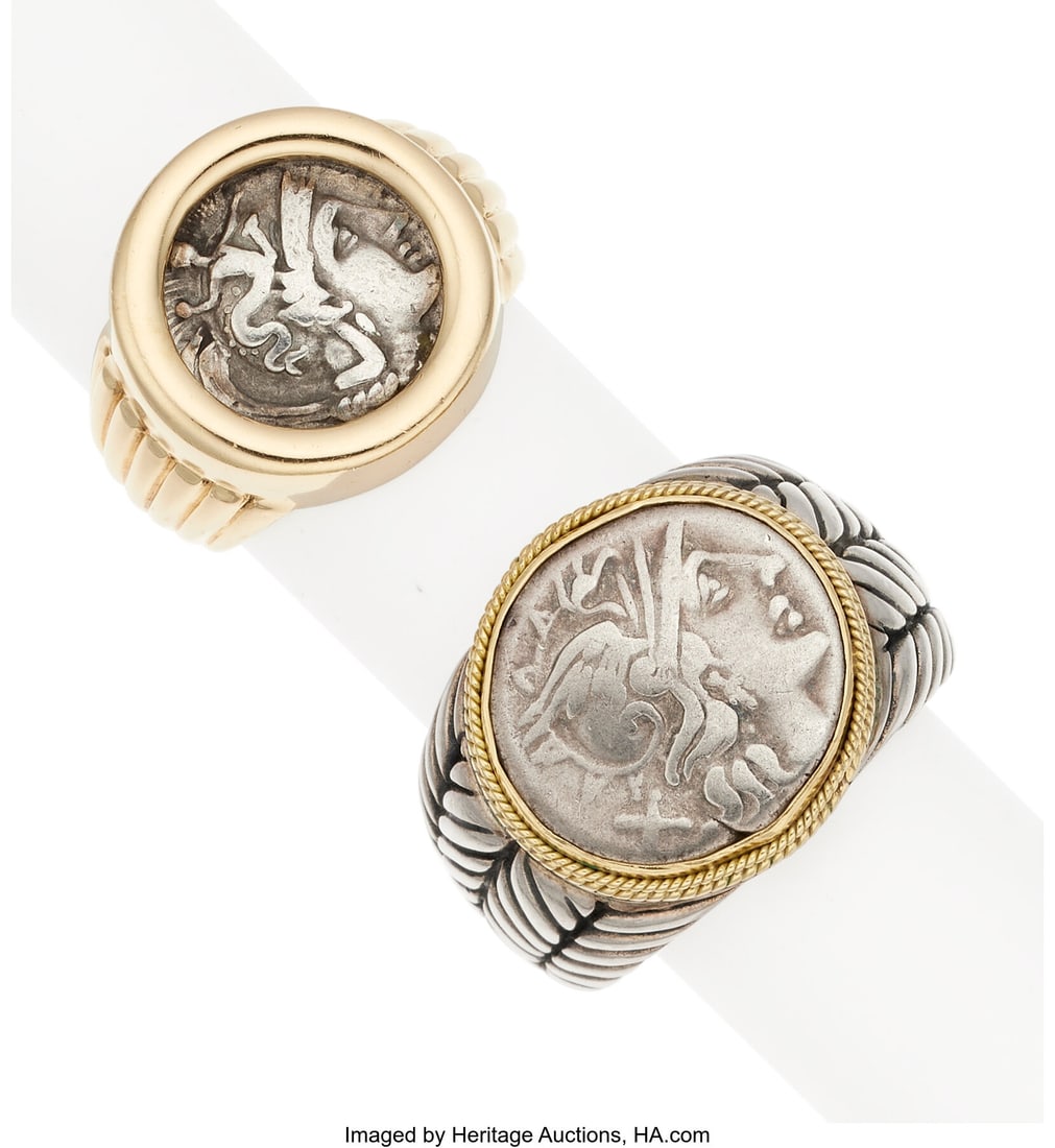 Ancient Coin, Gold, Silver Rings Coins: Roman D: Ancient Coin, Gold, Silver Rings Coins: Roman Denarius X, circa 155 BC; Calabrian Tarentum drachm, circa 302-280 BC Metal: 18k and14k gold, silver Marked