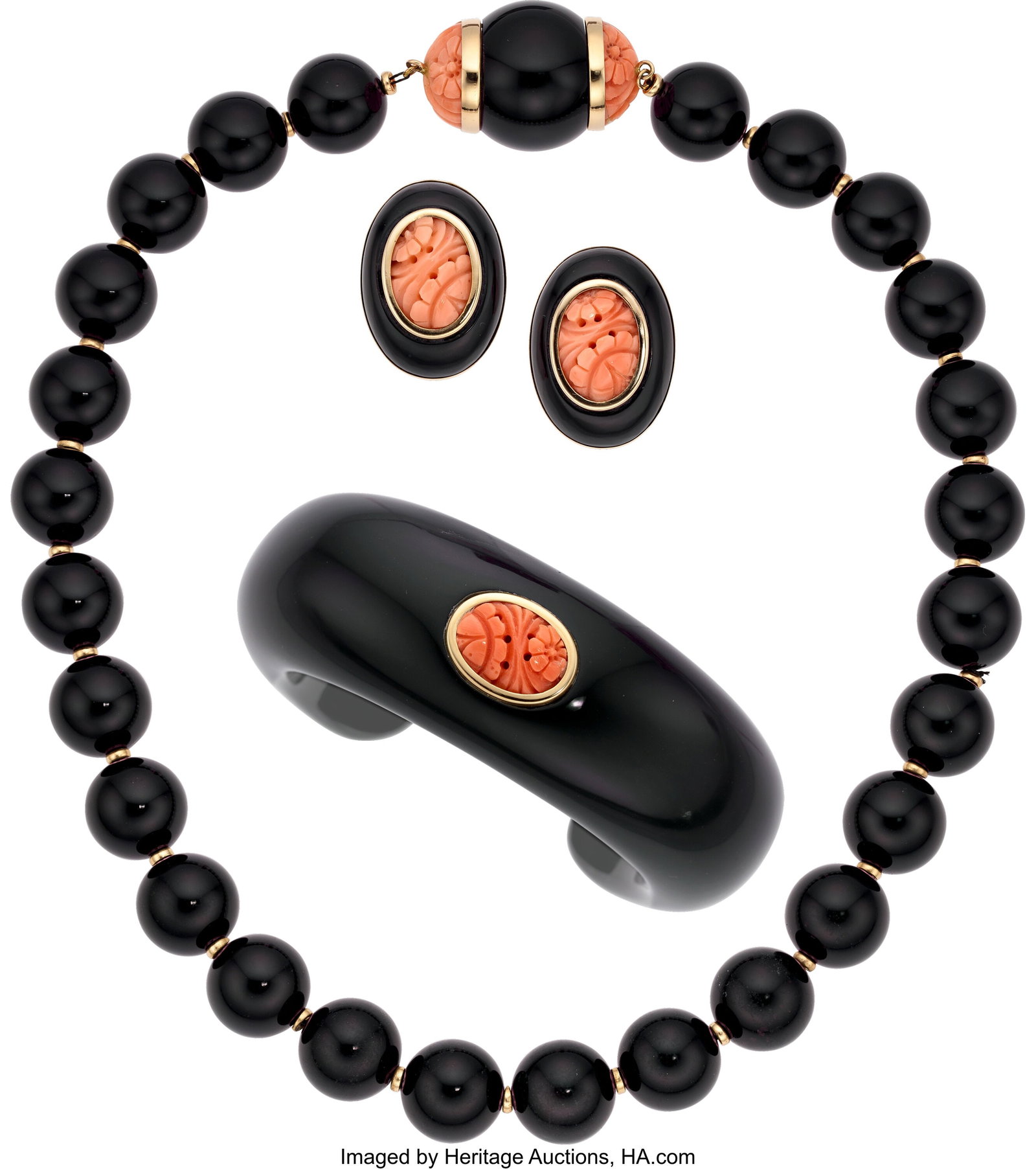 Coral, Black Onyx, Gold Jewelry suite Stones: C: Coral, Black Onyx, Gold Jewelry suite Stones: Carved coral; carved black onyx; black onyx beads Metal: 14k gold Gross Weight: 208.30 grams Necklace Dimen