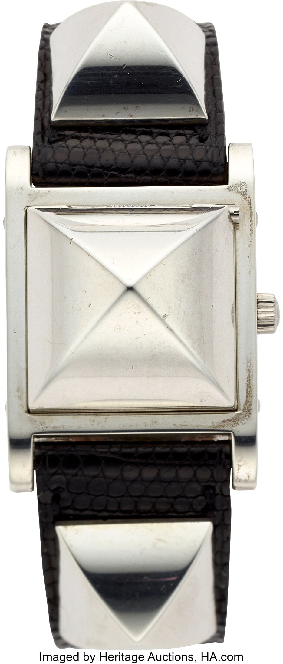 Hermès Stainless Steel Medor Watch Case: 23 mm: Hermès Stainless Steel Medor Watch Case: 23 mm, square, stainless steel hinged Medor stud covered dial, mineral crystal, snapback, water resistant, 680