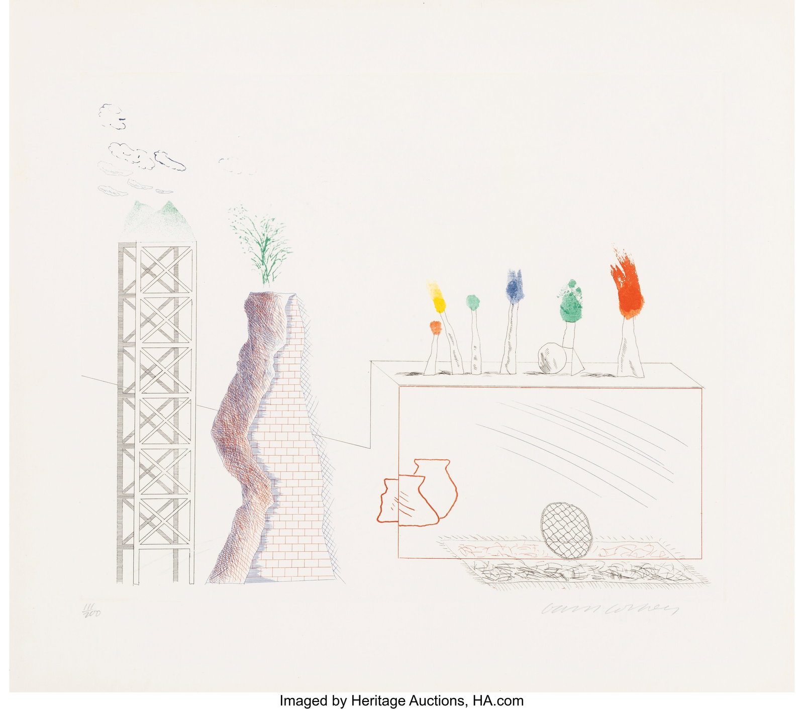 David Hockney (b. 1937) A Tune, from The Blue Gu: David Hockney (b. 1937) A Tune, from The Blue Guitar, 1976-1977 Etching and aquatint in colors on Inveresk paper 17-7/8 x 20-3/4 inches (45.4 x