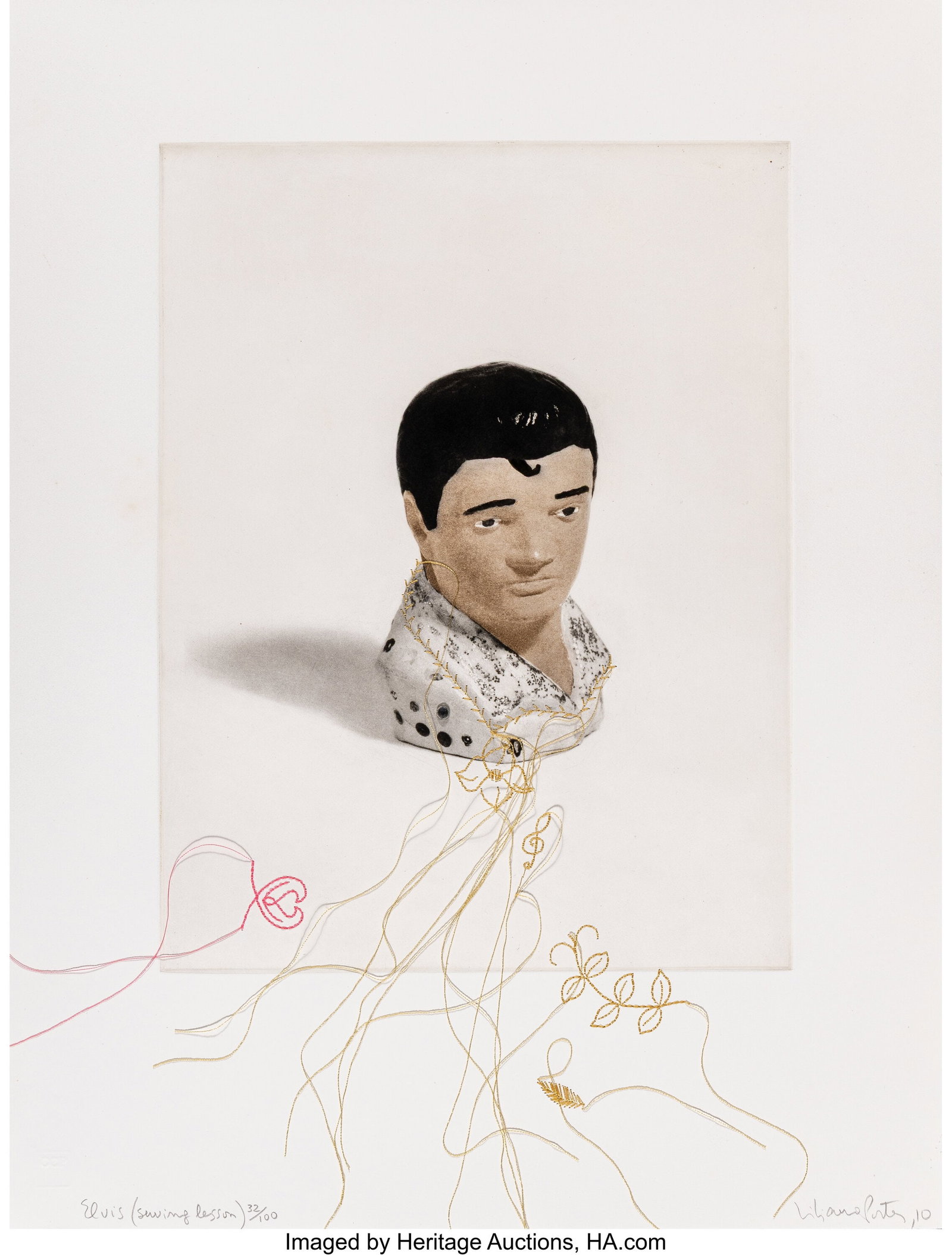 Liliana Porter (b. 1941) Elvis (Sewing Lesson), : Liliana Porter (b. 1941) Elvis (Sewing Lesson), 2010 Photogravure and aquatint in colors with digital sewing collage on Magnani Pescia paper 17-5/8 x 13-1/2