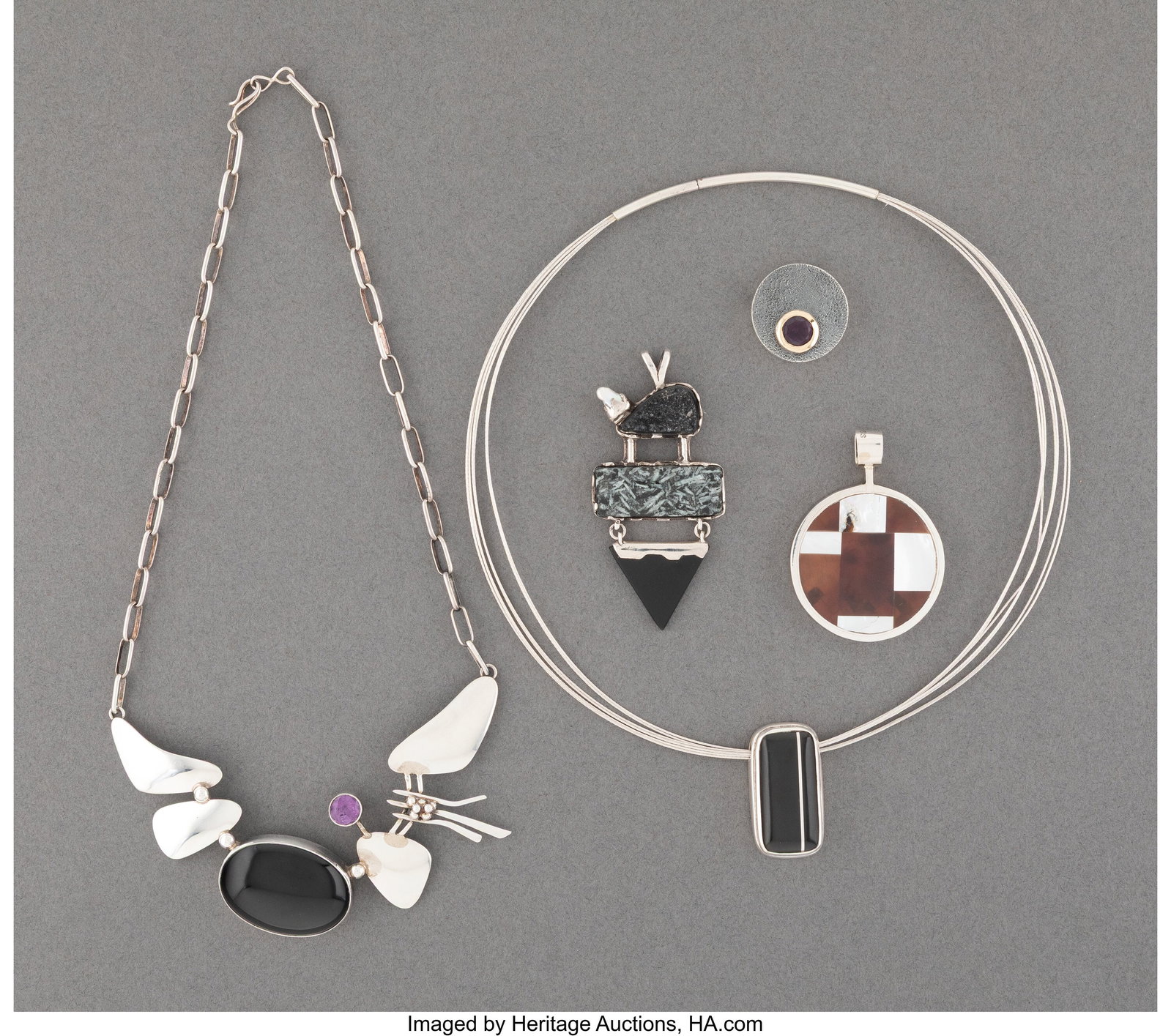 Five Southwest Jewelry Items c. 2000 including: Five Southwest Jewelry Items c. 2000 including two necklaces, one signed (illegible), the other stamped Sharon Sandoval, Sterling; and three pendants, one