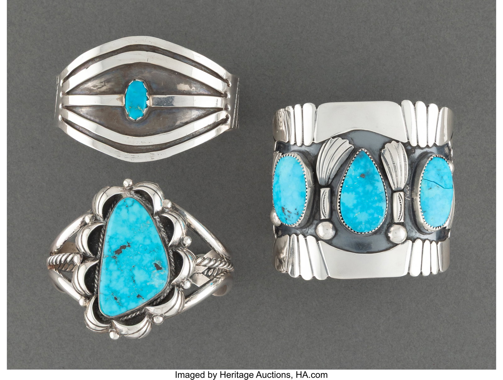 Three Navajo Bracelets c. 2000 silver, turquoi: Three Navajo Bracelets c. 2000 silver, turquoise Widths: 2 &frac12; inches each HID03101062020 © 2026 Heritage Auctions | All Rights Reserved www.HA&period