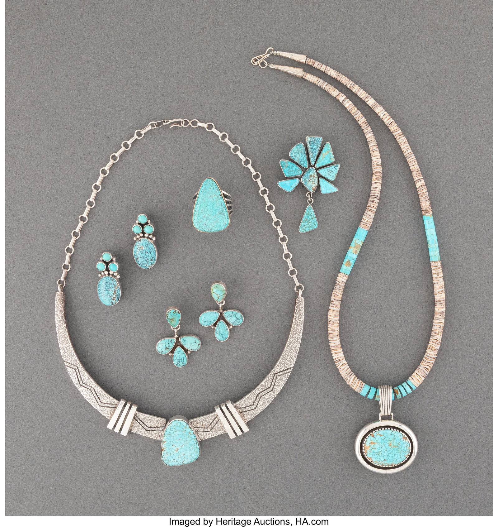 Six Southwest Jewelry Items c. 2000 including : Six Southwest Jewelry Items c. 2000 including two pairs of earrings, one pair stamped J.B. Platero, Sterling, the other stamped Sterling; a ring, sign