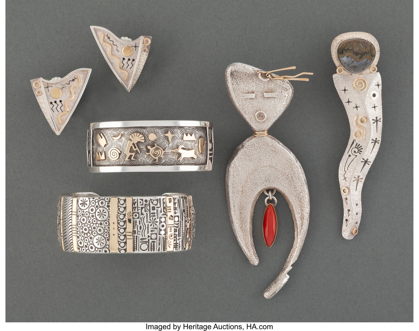 Five Southwest Jewelry Items c. 1990 - 2010 in: Five Southwest Jewelry Items c. 1990 - 2010 including two bracelets, one stamped with geometric hallmark (Norbert Peshlakai) and 14K, the other AFB, 14K, Sterl
