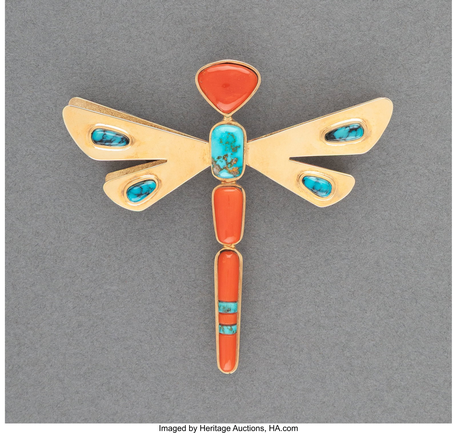 A Hopi Gold Brooch Don Supplee c. 2000 signed: A Hopi Gold Brooch Don Supplee c. 2000 signed, Supplee, 14K, gold, turquoise, coral Height: 2 &frac34; inches HID03101062020 © 2026 Heritage Au