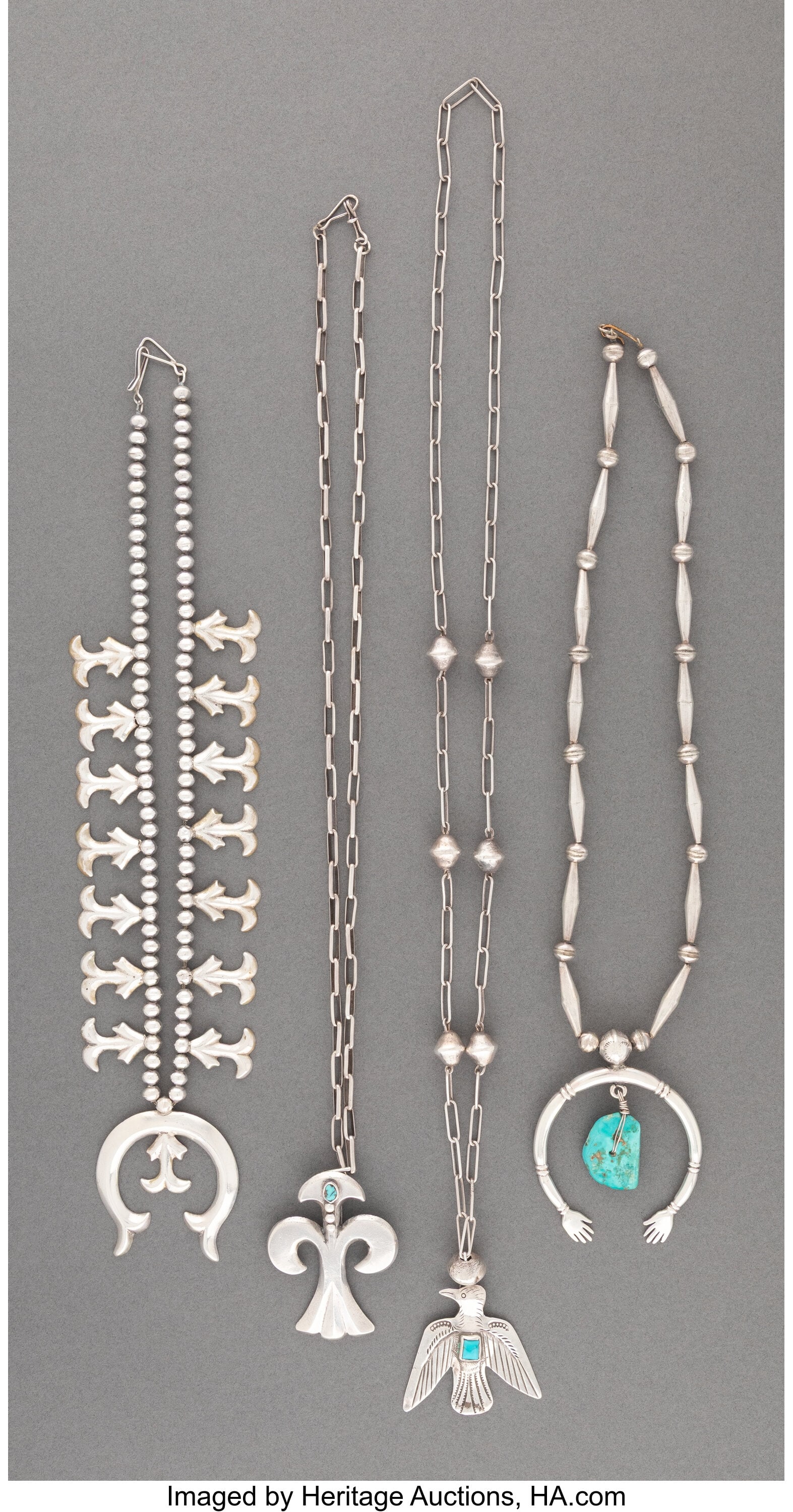 Four Southwest Necklaces c. 1920 - 1970 one st: Four Southwest Necklaces c. 1920 - 1970 one stamped CP, Sterling, silver, turquoise Lengths: ranging from 11 &frac12; to 16 &frac14; inches HID03101062