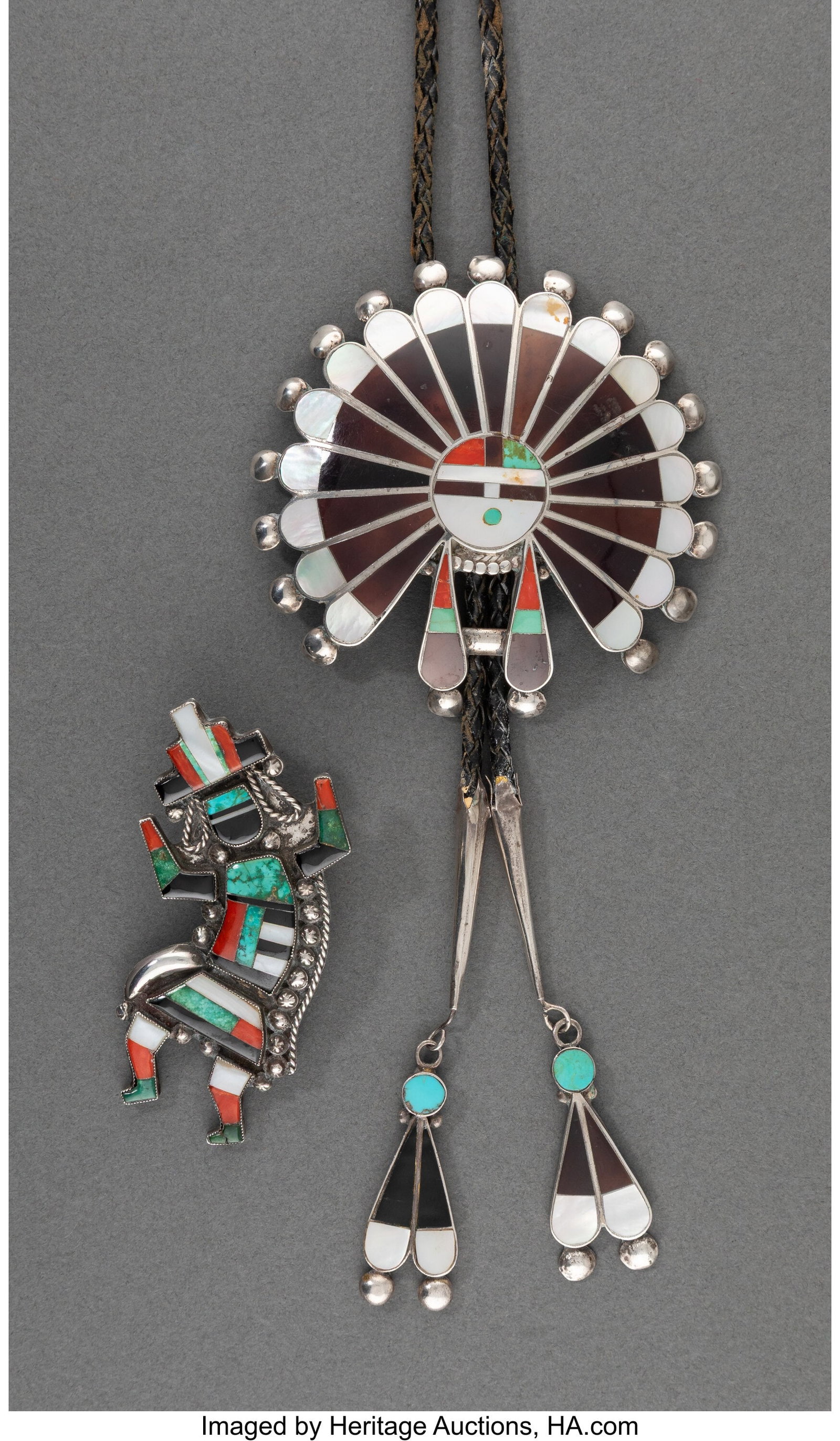 Two Zuni Bolo Ties c. 1990 the larger stamped : Two Zuni Bolo Ties c. 1990 the larger stamped FPB, Zuni, silver, turquoise, coral, mother of pearl, pin shell, jet, shell Heights of slides&colon