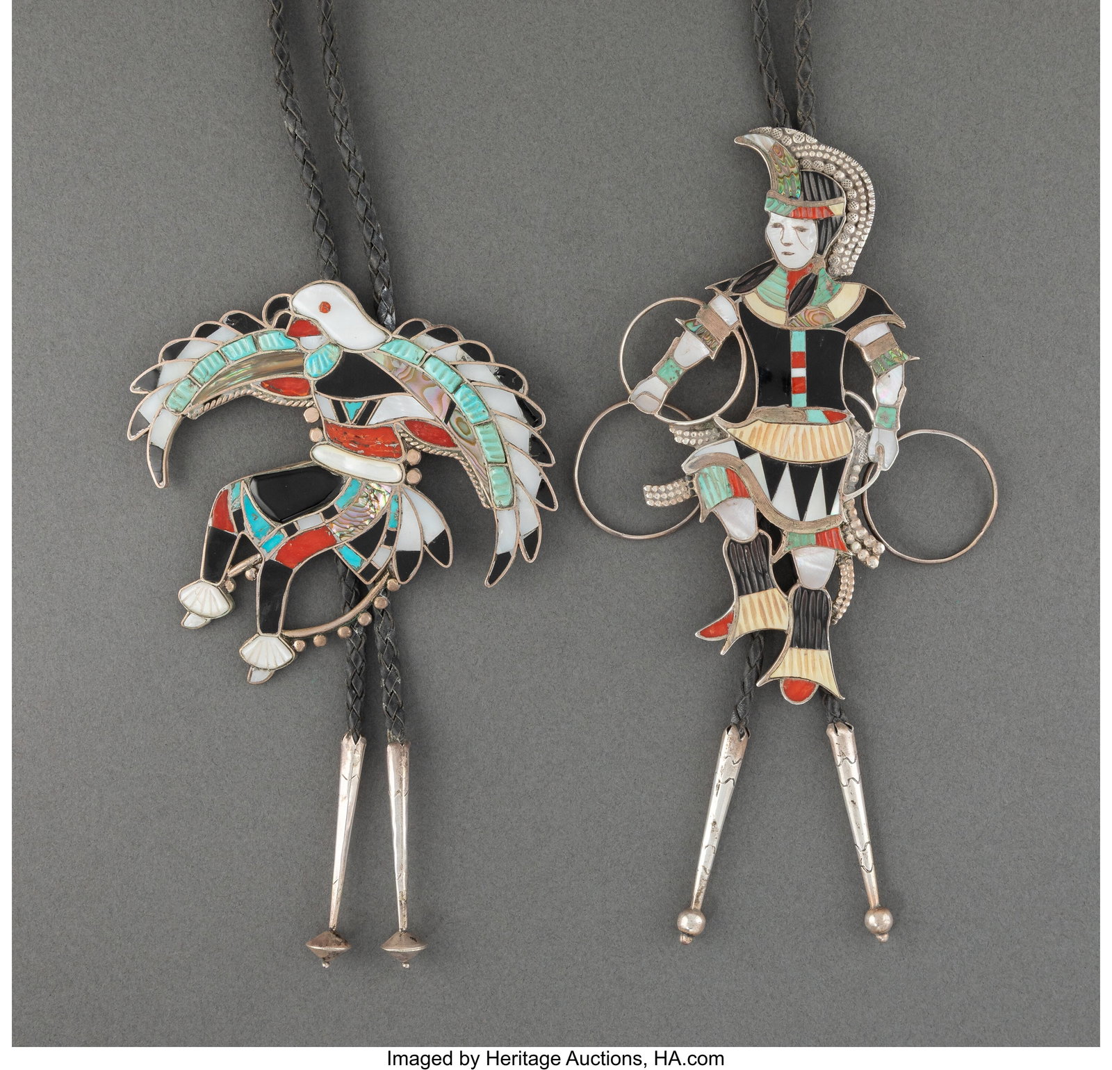 Two Zuni Bolo Ties c. 1980 one stamped VL, the (1 of 2)