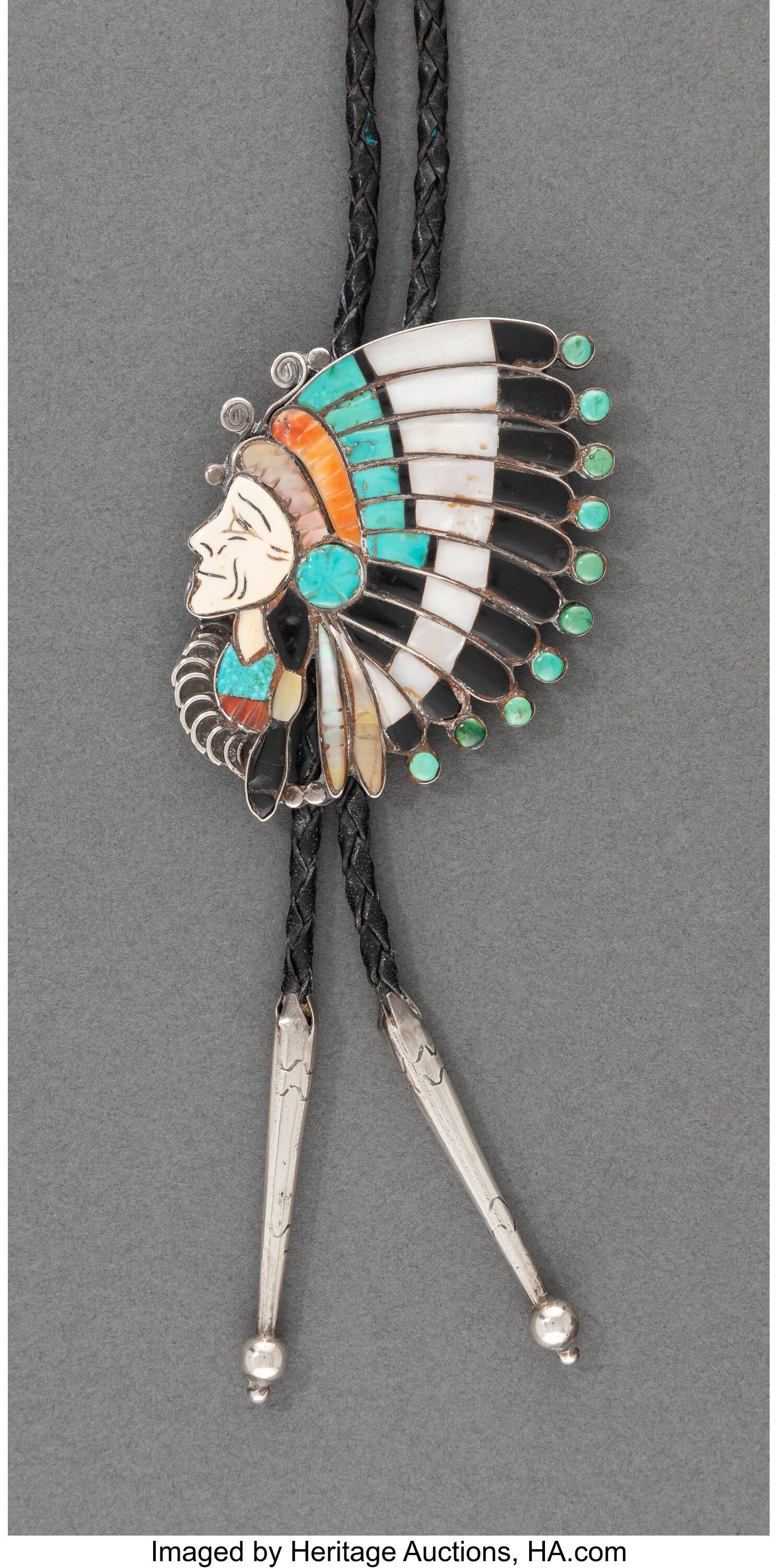 A Zuni Bolo Tie c. 1950 silver, turquoise, jet (1 of 2)