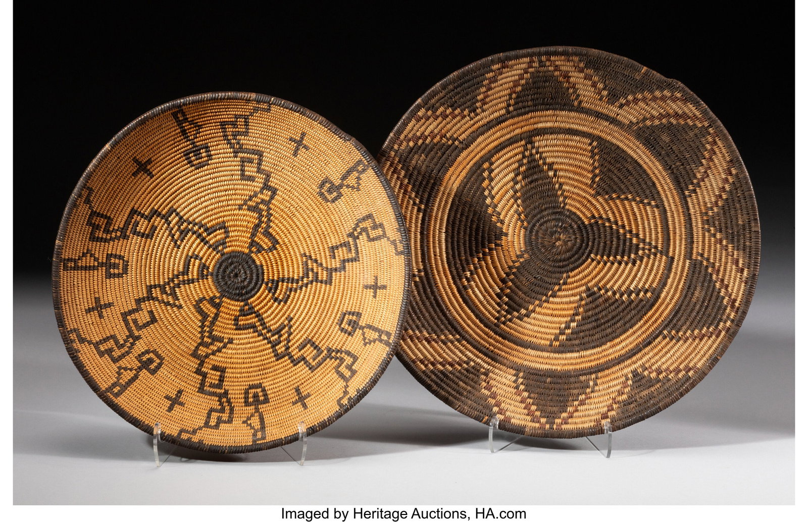 Two Southwest Coiled Trays c. 1900 and 1920 Ap: Two Southwest Coiled Trays c. 1900 and 1920 Apache and Yavapai, willow, devil's claw, dyed yucca root Diameters: 11 &frac14; and 12 &frac12; inches