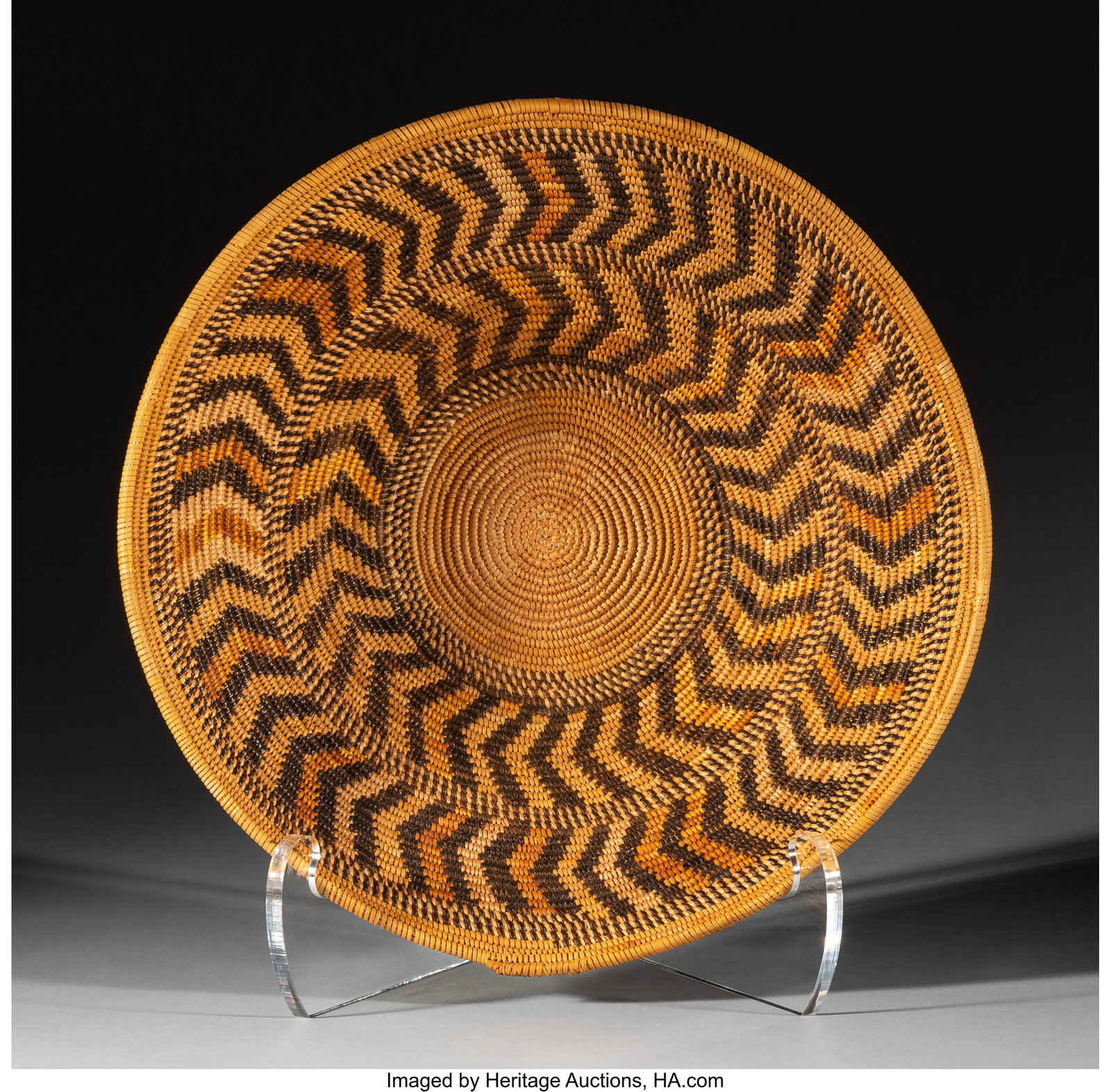 A Mission Polychrome Coiled Tray c. 1910 sumac: A Mission Polychrome Coiled Tray c. 1910 sumac, natural and dyed juncas Provenance: A Private Collection, New York, NY, acquired in 1999 George Everett