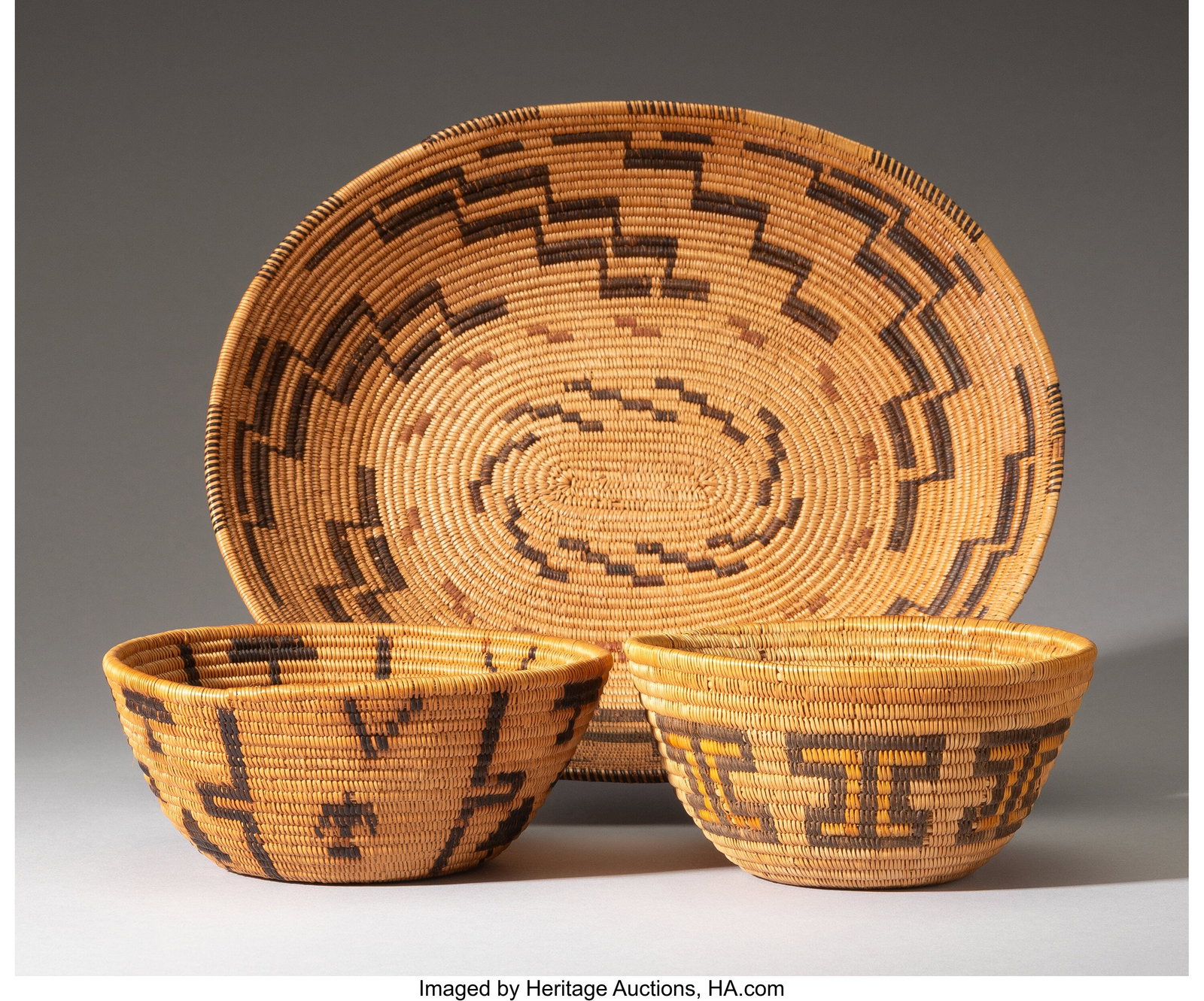 Three Panamint Polychrome Coiled Bowls c. 1920 : Three Panamint Polychrome Coiled Bowls c. 1920 willow, devil's claw, juncas, red-dyed yucca Diameters: ranging from 5 &frac12; to 10 &frac12; inches