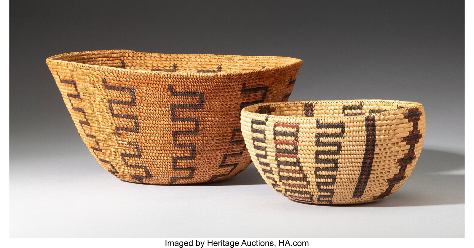 Two California Coiled Bowls c. 1920 and 1930 i: Two California Coiled Bowls c. 1920 and 1930 including Washo and Tulare examples, willow, bracken fern root, and redbud Diameters: 6 &frac12; and 10