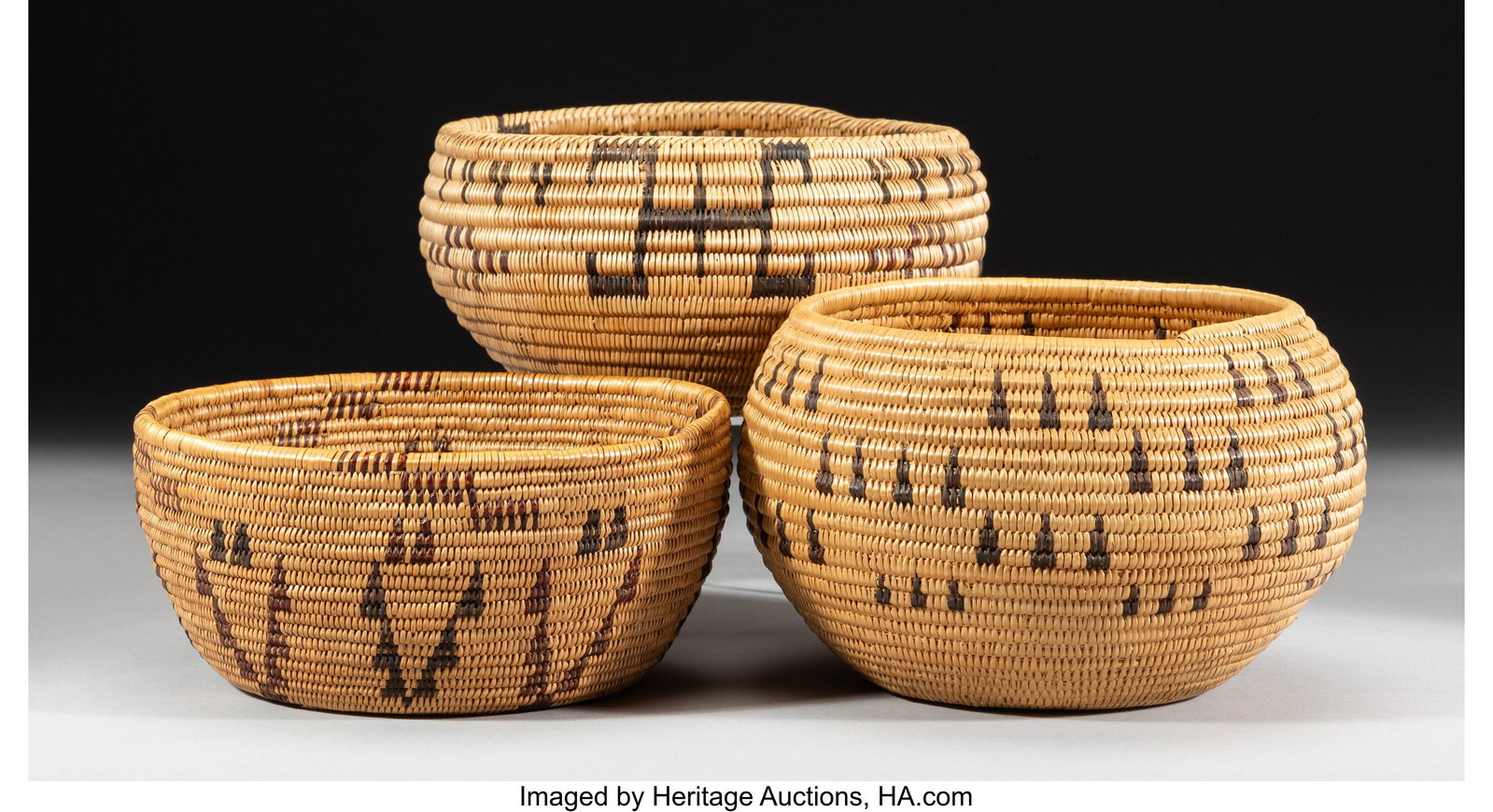 Three Washo Coiled Bowls c. 1920 - 1940 willow: Three Washo Coiled Bowls c. 1920 - 1940 willow, bracken fern root, redbud Diameters: 6 &frac12; inches each HID03101062020 © 2026 Heritage Auctions | All