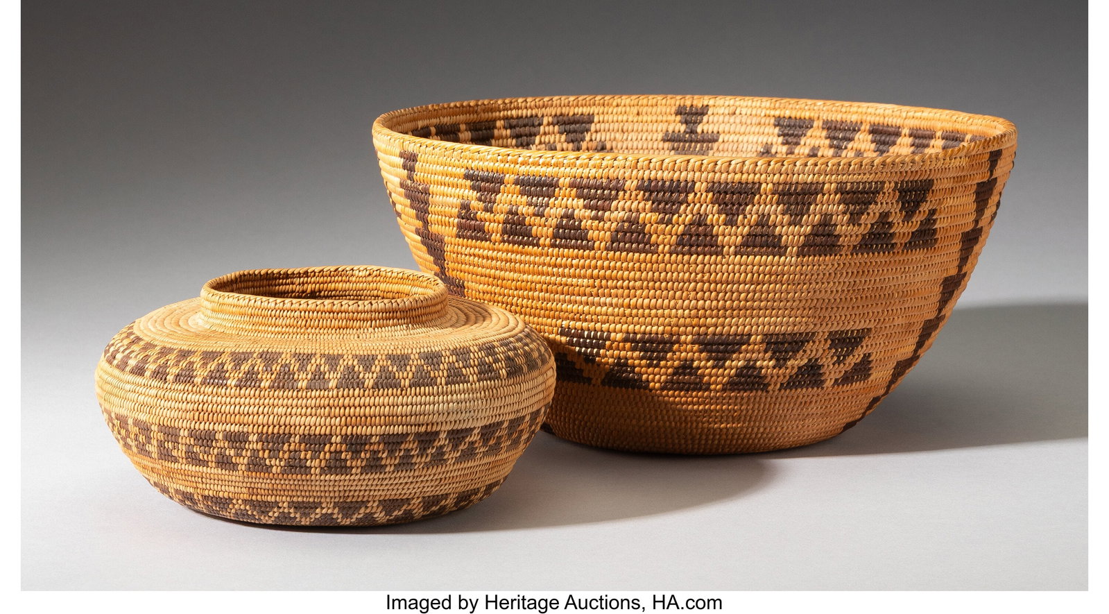 Two Mono Coiled Basketry Items c. 1920 and 1930: Two Mono Coiled Basketry Items c. 1920 and 1930 including a bottleneck jar and a bowl, sumac, bracken fern root Diameters: 6 and 9 &frac12; inches HID03101062020
