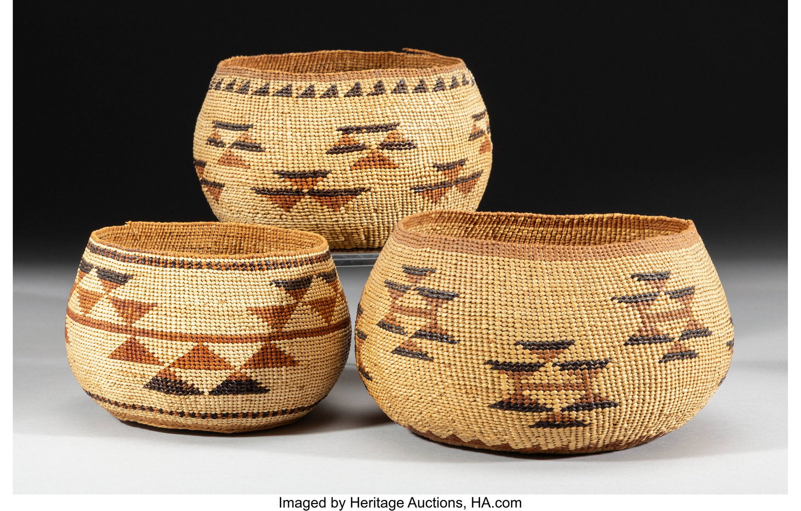 Three Hupa Twined Bowls c. 1920 pine root, bea: Three Hupa Twined Bowls c. 1920 pine root, bear grass, maidenhair fern, hazel Diameters: ranging from 5 to 6 &frac12; inches HID03101062020 © 2026