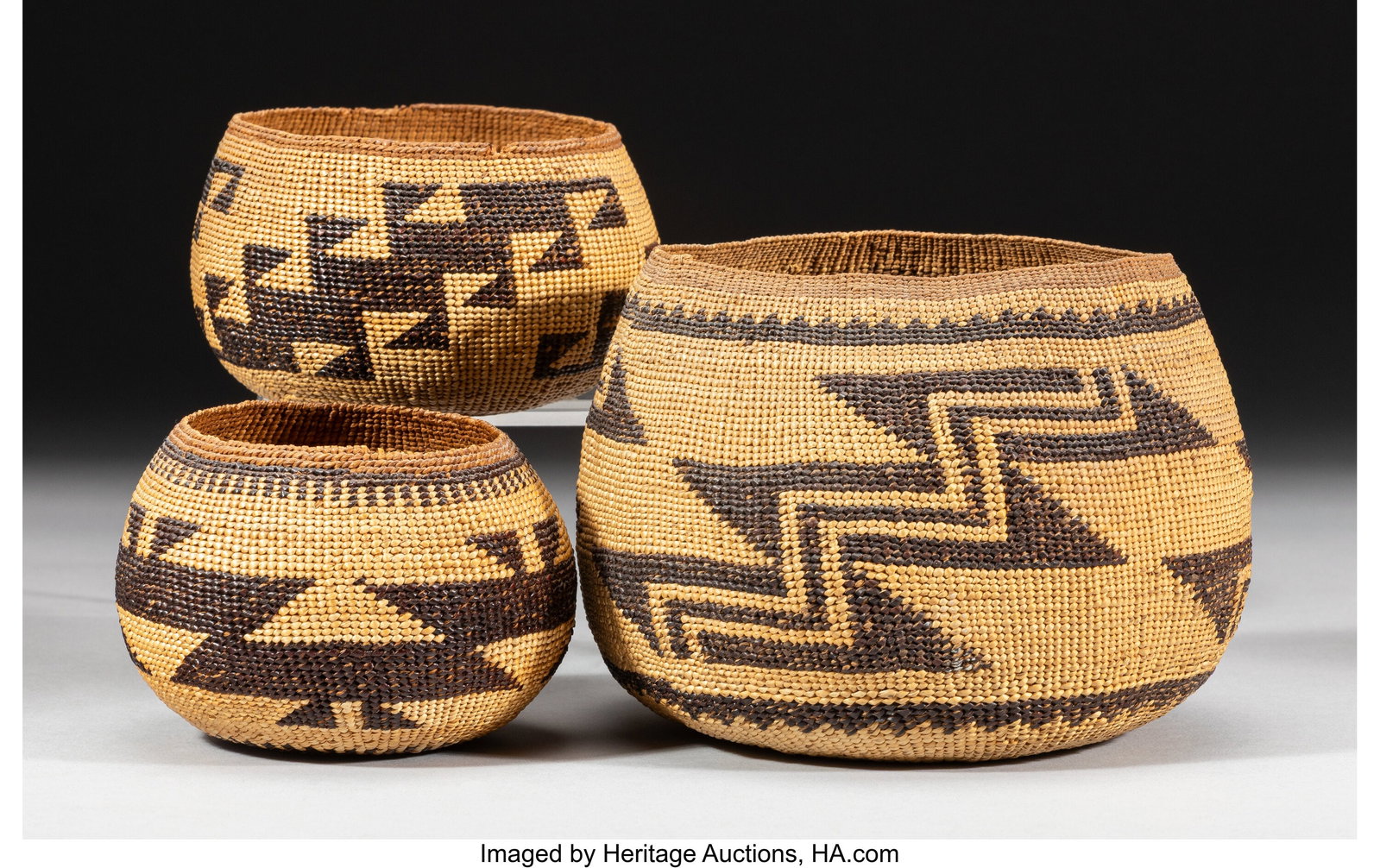 Three Yurok Twined Bowls c. 1900 pine root, be: Three Yurok Twined Bowls c. 1900 pine root, bear grass, maidenhair fern, hazel Diameters: ranging from 3 &frac34; to 5 &frac14; inches HID03101062020