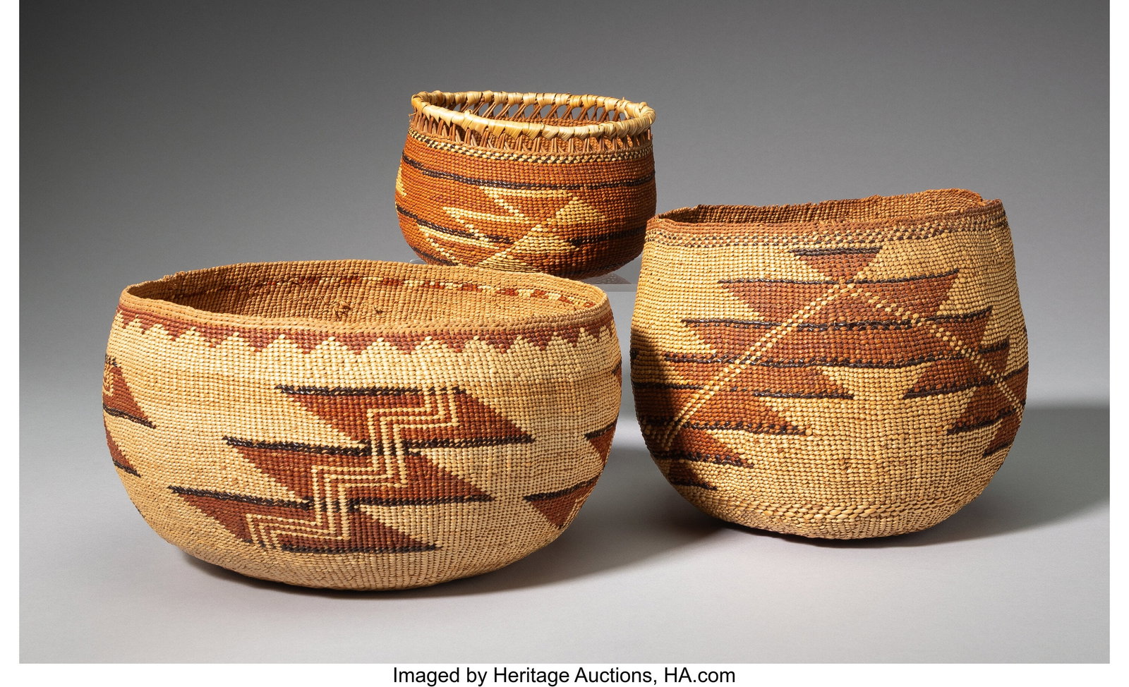 Three Northern California Twined Bowls c. 1920 : Three Northern California Twined Bowls c. 1920 pine root, bear grass, maidenhair fern, alder-dyed woodwardia fern Diameters: ranging from 5 &frac12; to 9 inches